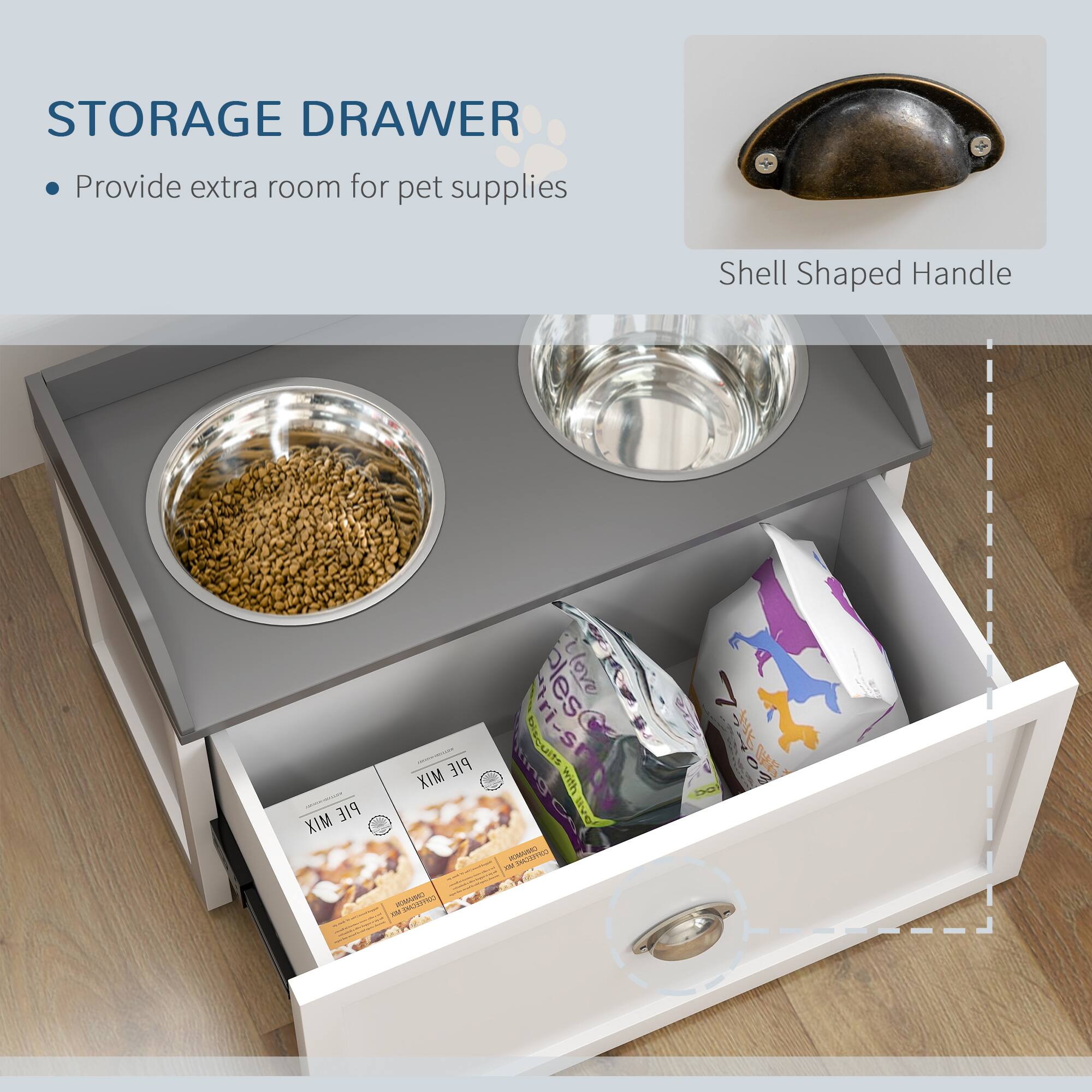 STORAGE DRAWER  
• Provide extra room for pet supplies  

Shell Shaped Handle