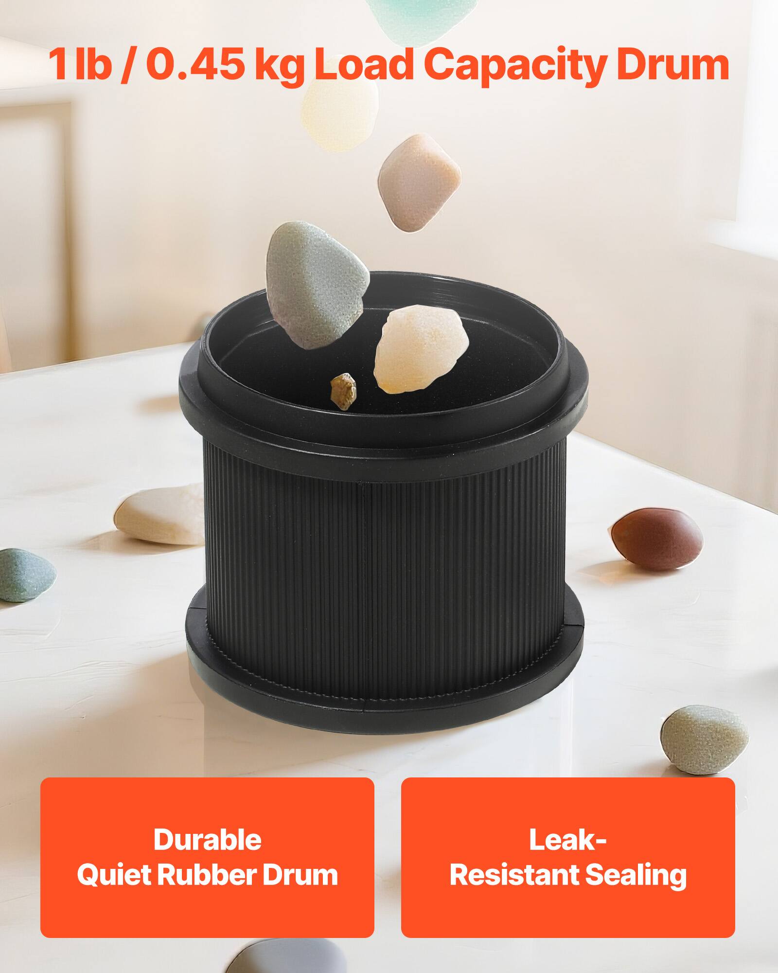 1 lb / 0.45 kg Load Capacity Drum

Durable Quiet Rubber Drum

Leak-Resistant Sealing