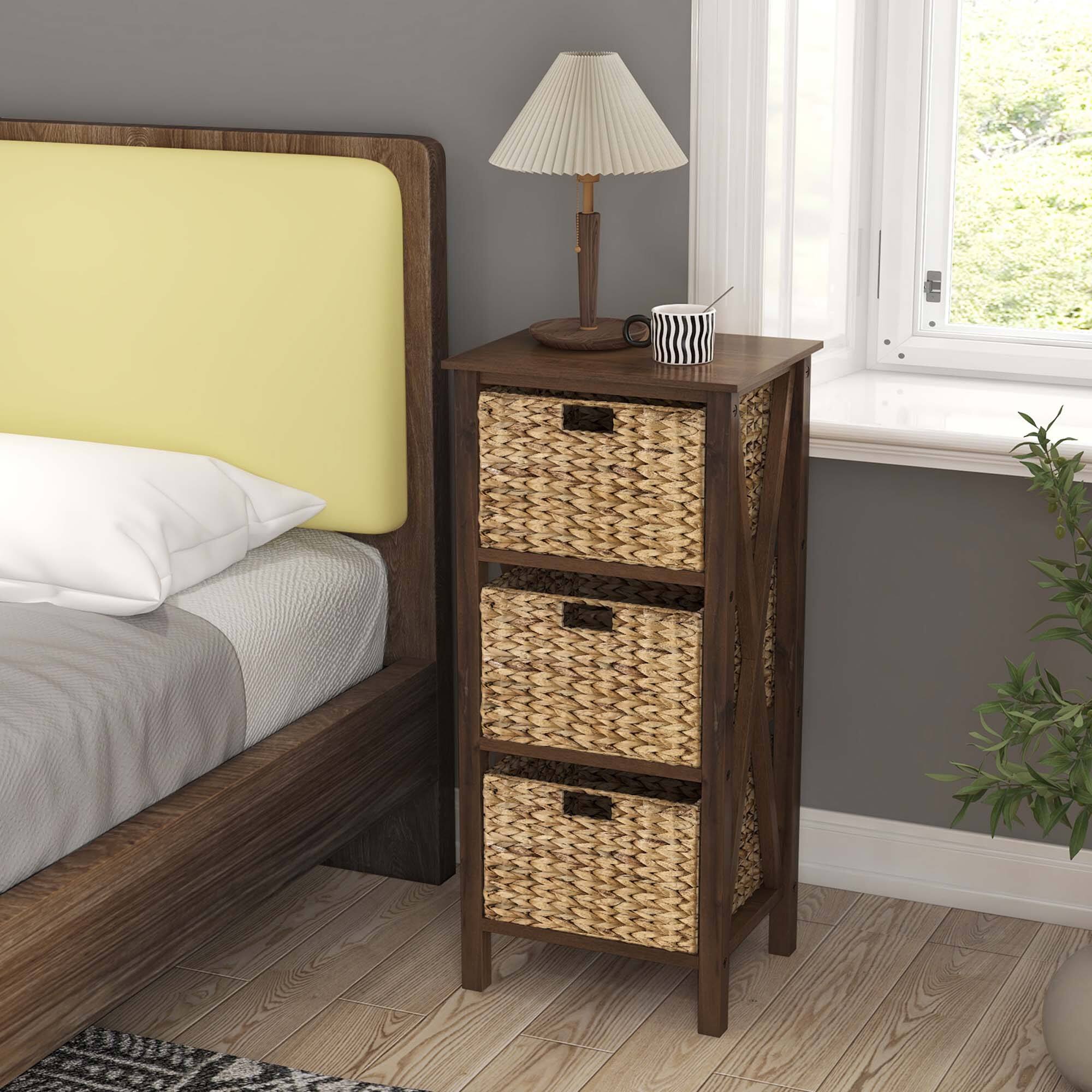 Alt View 15. Costway - 1 PC 3-Tier Nightstand with 3 Seagrass Baskets Rubber Wood X-Shaped Frames 3 Drawers - Walnut/Natural.