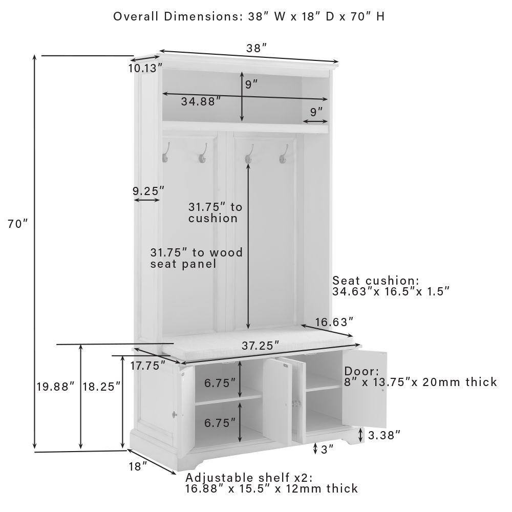 Overall Dimensions: 38" W x 18" D x 70" H

- 38"
- 10.13"
- 34.88"
- 9"
- 9"
- 70"
- 9.25"
- 31.75" to cushion
- 31.75" to wood seat panel

Seat cushion: 34.63" x 16.5" x 1.5"

- 16.63"
- 17.75"
- 19.88"
- 18.25"
- 6.75"

Door: 8" x 13.75" x 20mm thick

- 18"
- 6.75"
- 3.38"
- 3"

Adjustable shelf x2: 16.88" x 15.5" x 12mm thick