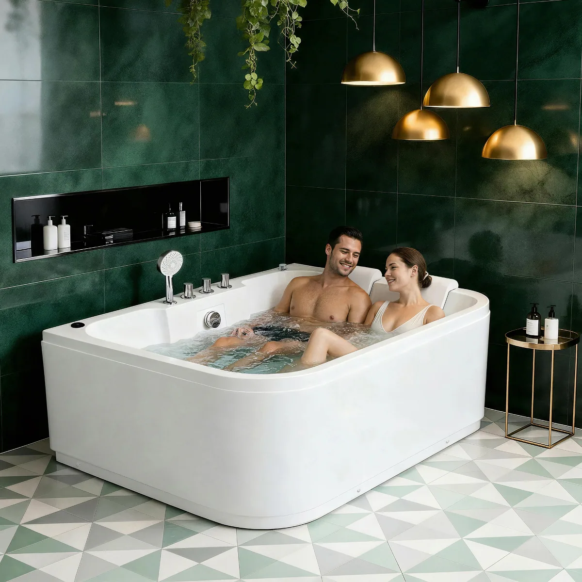 Front. Loheer - Loheer 61 Inch Acrylic Whirlpool Bathtub for Two with Heater, 16 Water Jets, LED Lights, Freestanding Oval Tub - Milk White.