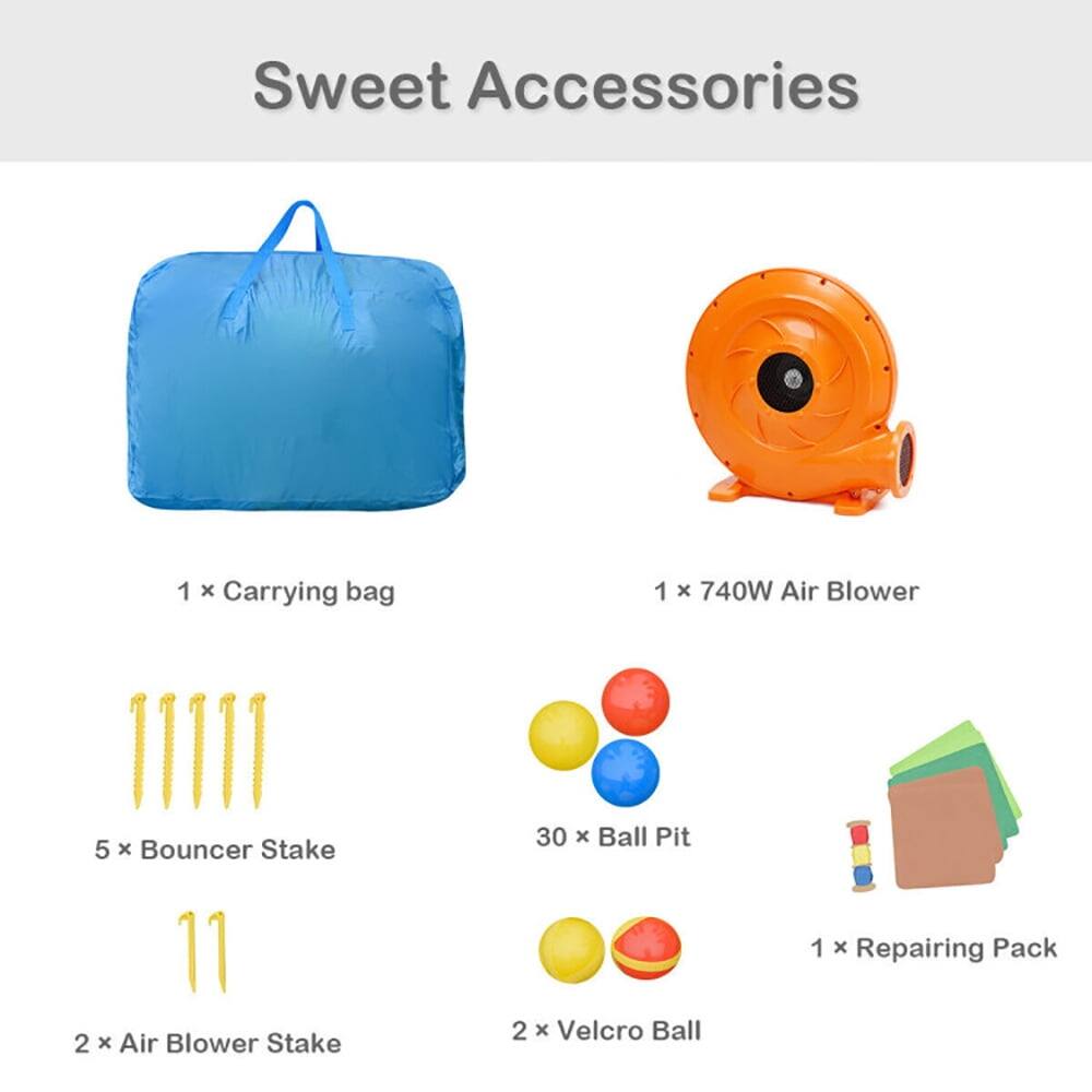 Sweet Accessories

1 x Carrying bag  
1 x 740W Air Blower  
5 x Bouncer Stake  
30 x Ball Pit  
1 x Repairing Pack  
2 x Air Blower Stake  
2 x Velcro Ball