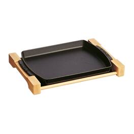 Staub - Cast Iron 13 x 9-inch Rectangular Serving Dish with Wood Base - Matte Black