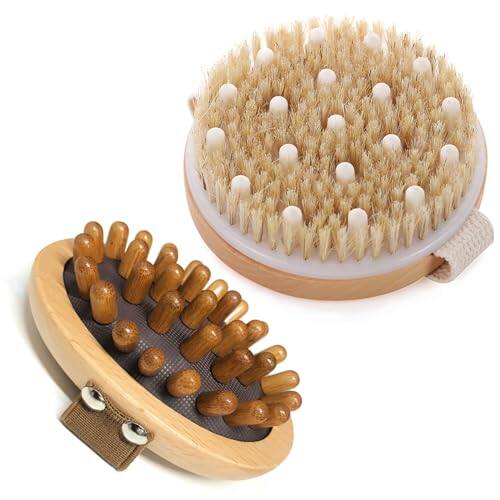 Front. DORLUKFU - 2 Piece Shower Brush Set - Natural Wooden Massage Brush for Dry Skin, Lymphatic Drainage and Cellulite Care Body Brush.