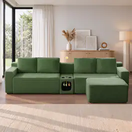Meqiodas - 118" Corduroy Boneless Couch, Modular Sectional Sofa, with 1 Ottoman, Cat House Design, Storage & Cup Holders - Green