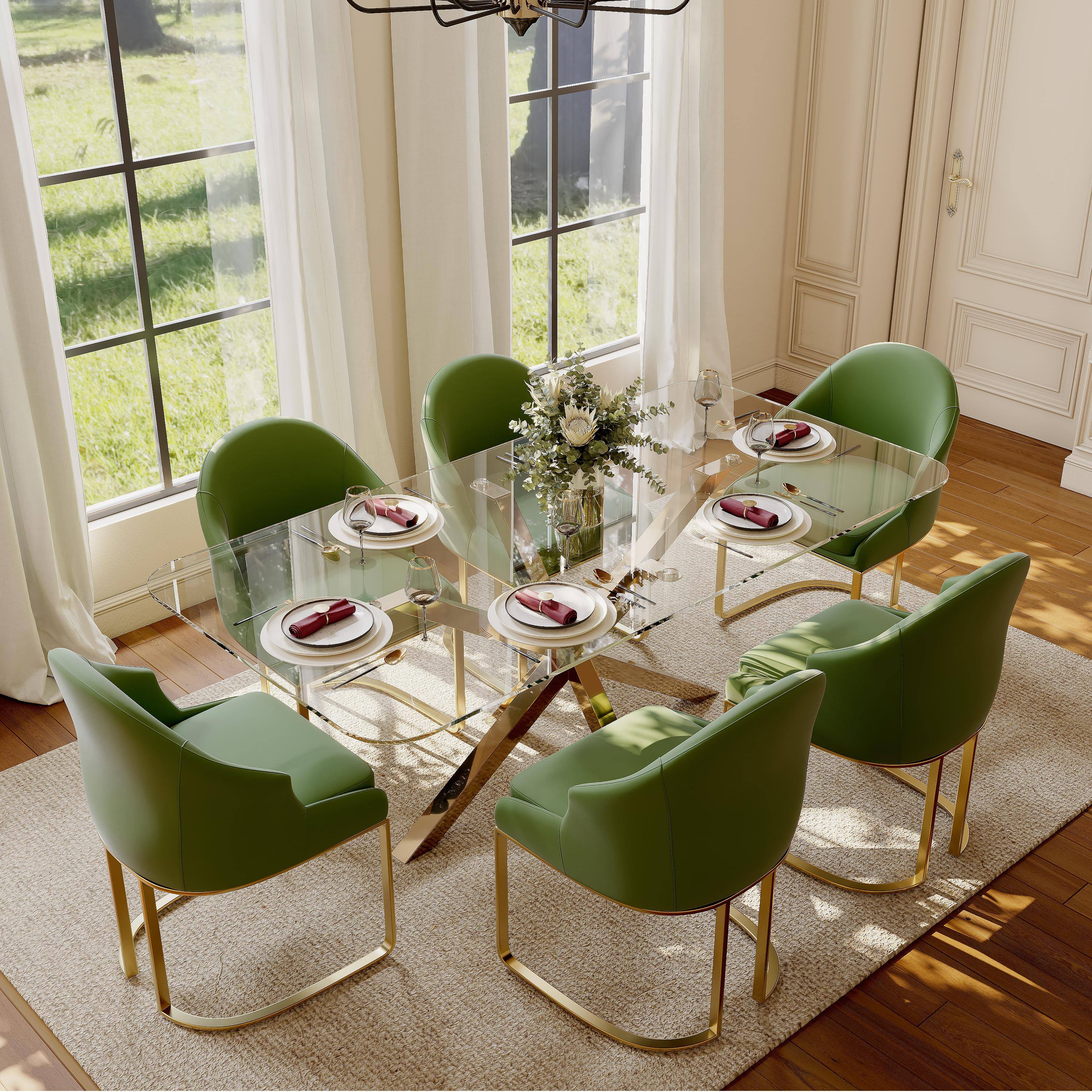 Angle. POVISON - Modern Luxury Upholstered Green Dining Chairs Set of 2, Boucle Dining Chairs, Low Back Dining Chairs with Gold Legs - Green PU Leather.