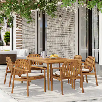 Front. Mondawe - 7 Pieces Outdoor Patio Dining Set,6 Acacia Wood Dining Chair and 1 Acacia Wood Dining Table - Teak+ Beige.