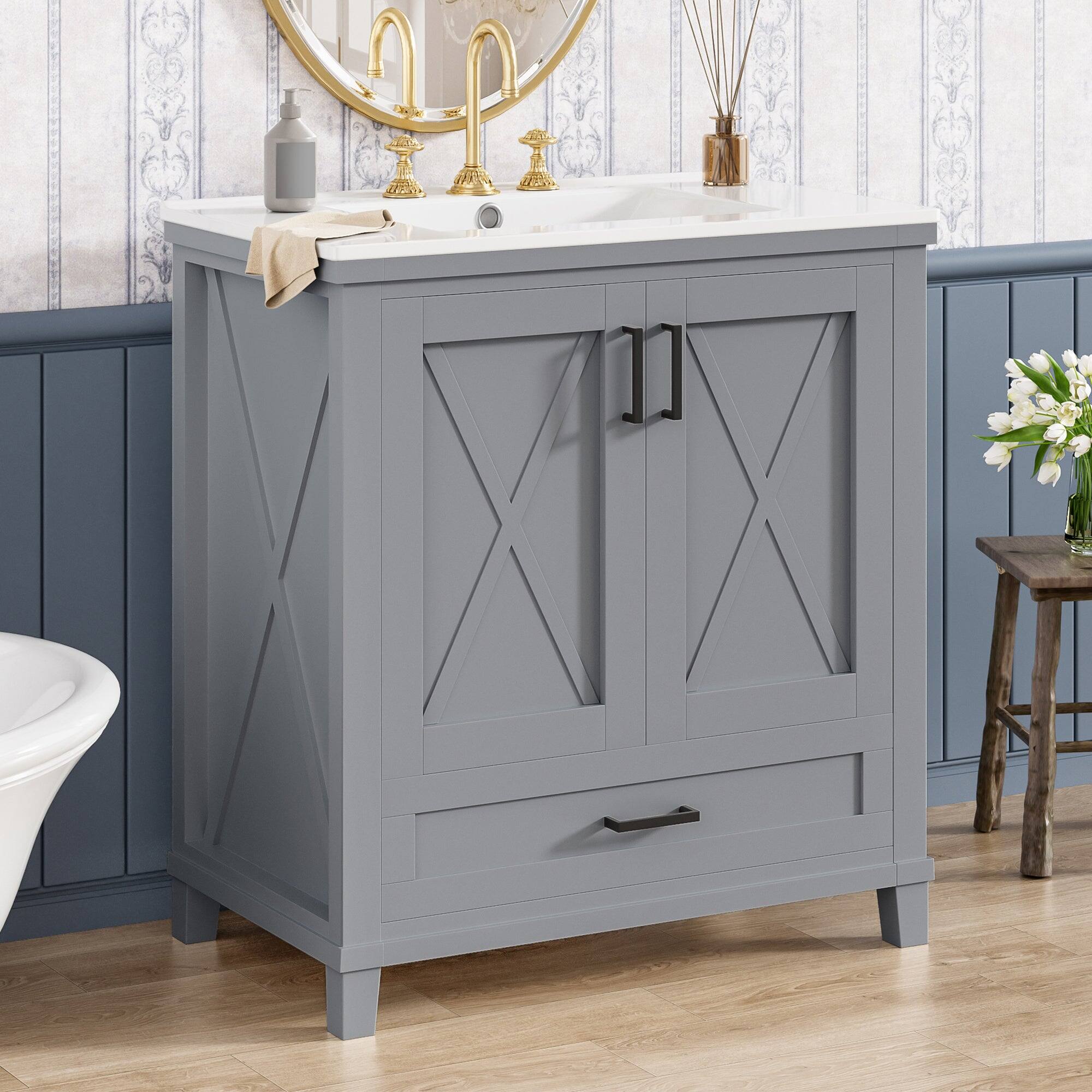 Alt View 4. Boyel Living - 30 Inch Gray Bathroom Vanity with Ceramic Sink Solid Wood Frame MDF 2 Soft Close Doors 1 Drawer Dual Storage Shelves - Gray.
