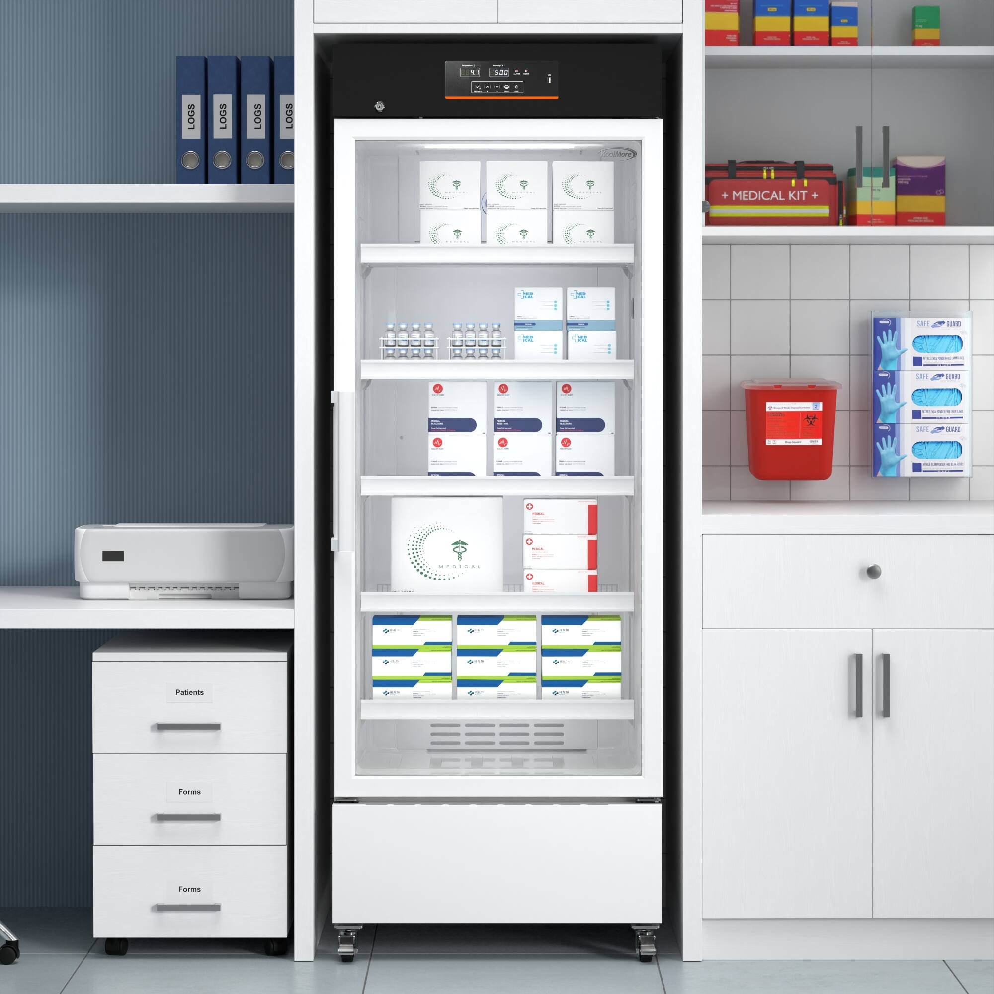The image features a refrigerator with a variety of medical supplies inside. The refrigerator is filled with medical logs and a medical kit, which is essential for patient care. The refrigerator is located in a medical office, and it is stocked with supplies to ensure that the staff has everything they need to provide proper care to their patients. The refrigerator is also filled with medication, which is crucial for the treatment of various medical conditions.