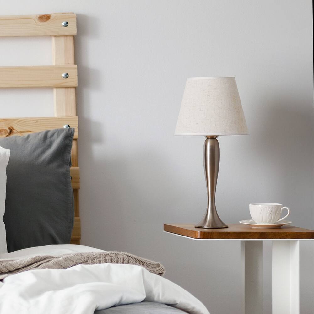 Back. Oumilen - Modern Brushed Nickel Table Lamp – 17.5” Tall with Fabric Shade, Round Metal Base & Inline Switch..