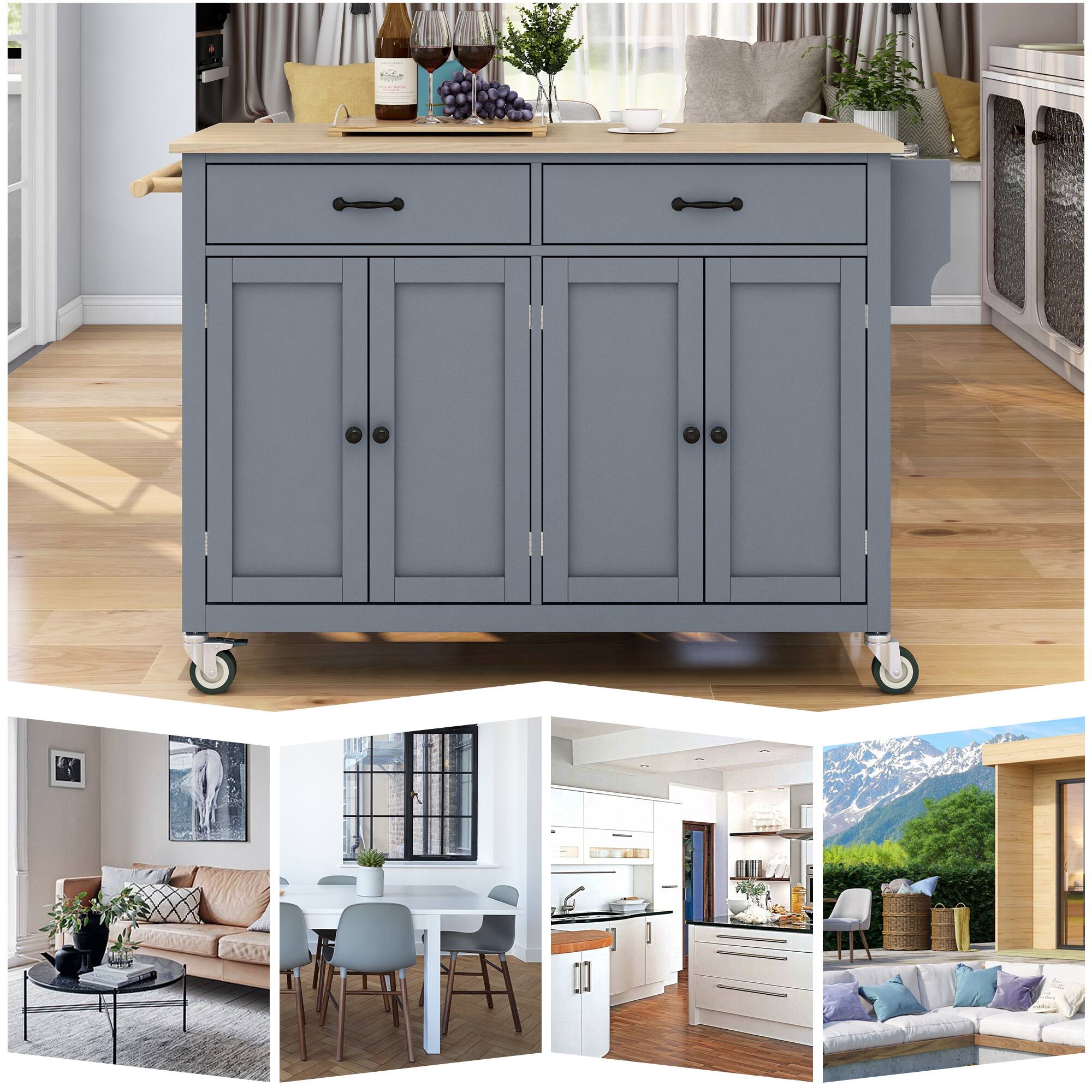 Alt View 3. Forest'nSky - 54.3" Kitchen Island Cart with Solid Wood Top – 4 Doors, 2 Drawers, Spice Rack & Towel Rack, Locking Wheels, Grey Blue - Grey Blue.
