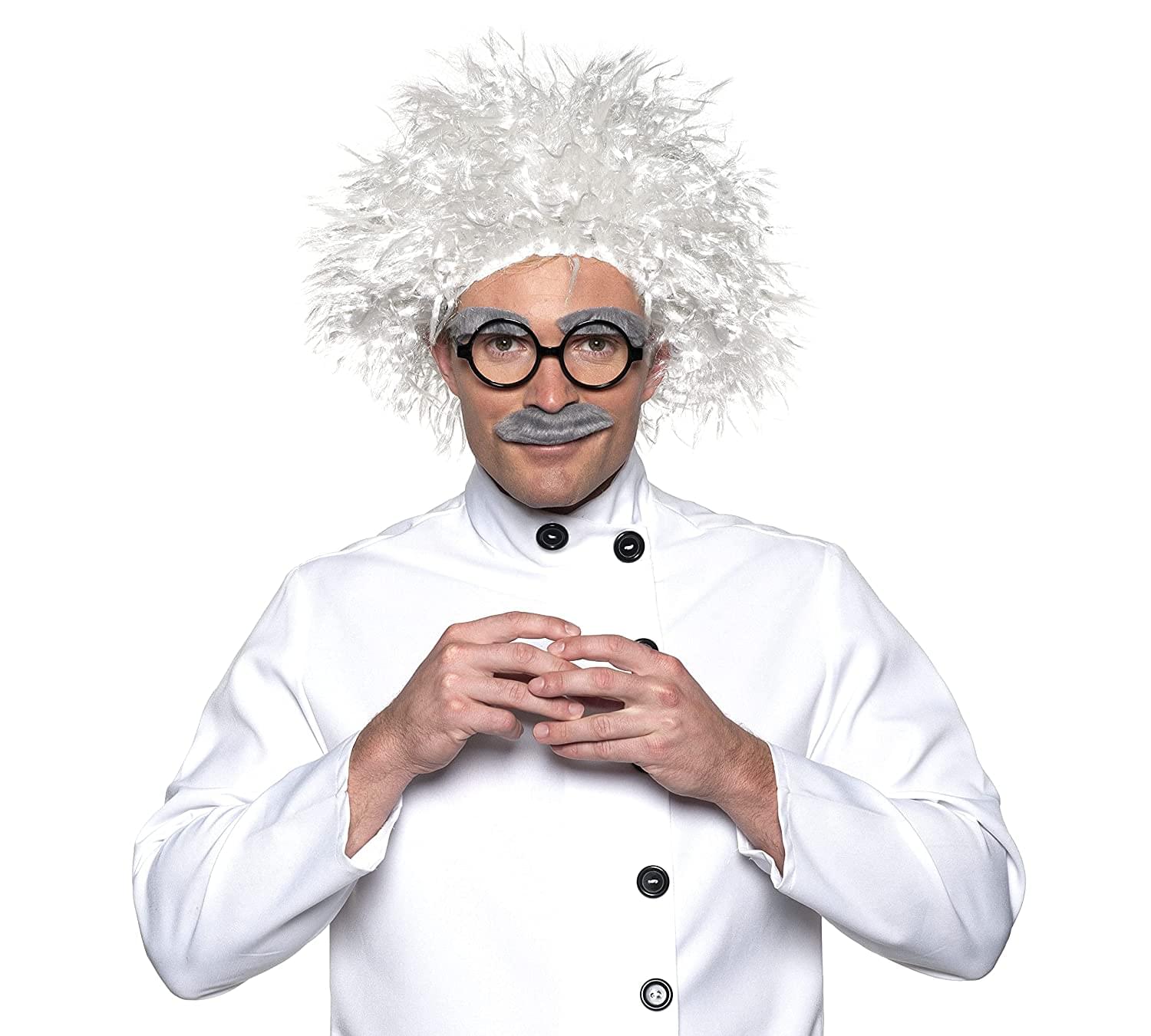 Front. Underwraps - 4-Piece Scientist Halloween Costume Accessory Kit With Wig Eyebrows And Mustache - White.