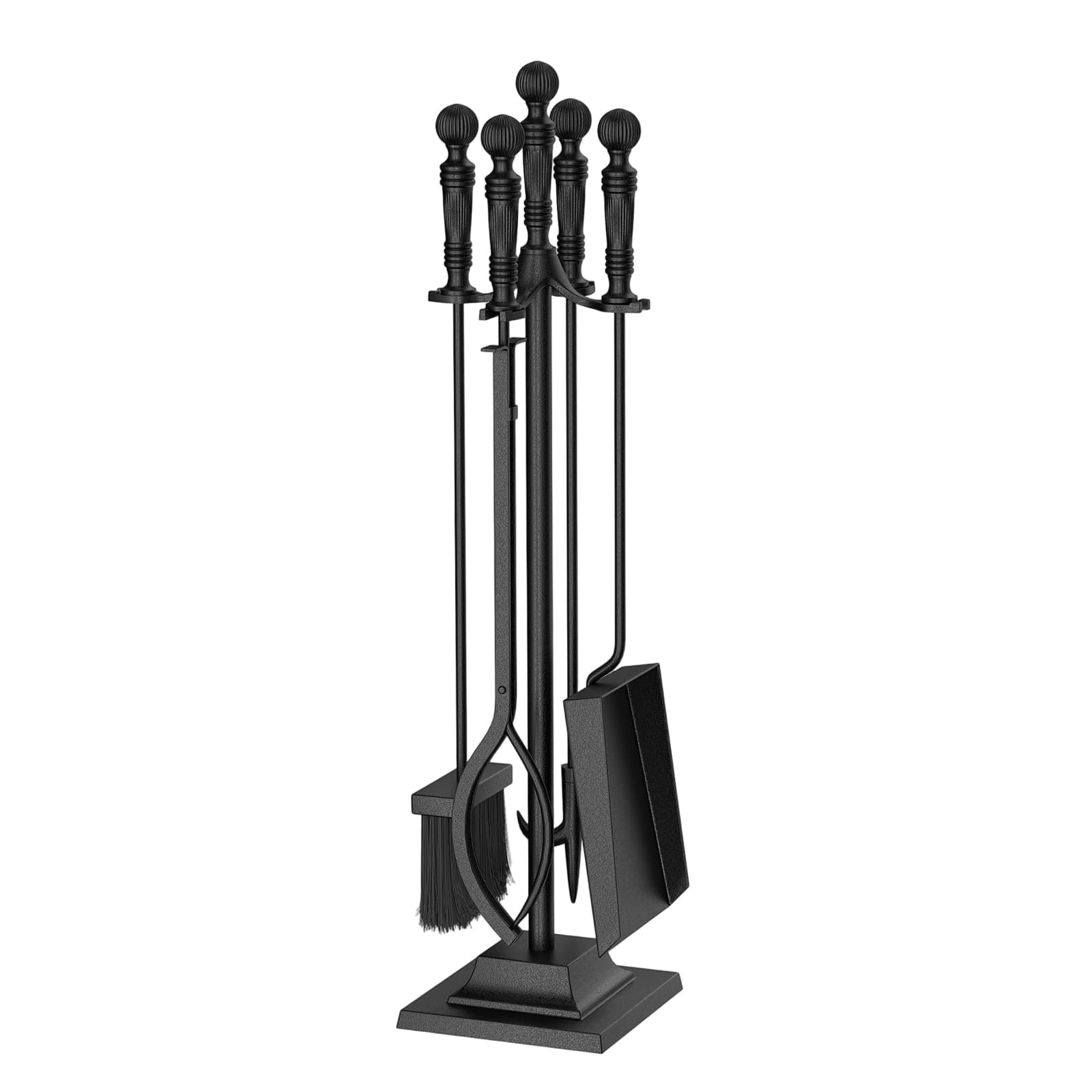 Gymax - 5-Pieces Fireplace Tool Set w/Poker Tongs Brush Shovel & Square Stand - Black