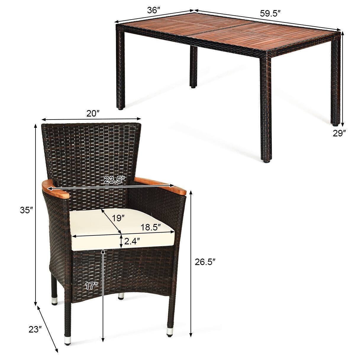 Table: 36", 59.5", 29"

Chair: 20", 23.5", 35", 19", 18.5", 2.4", 26.5", 17", 23"