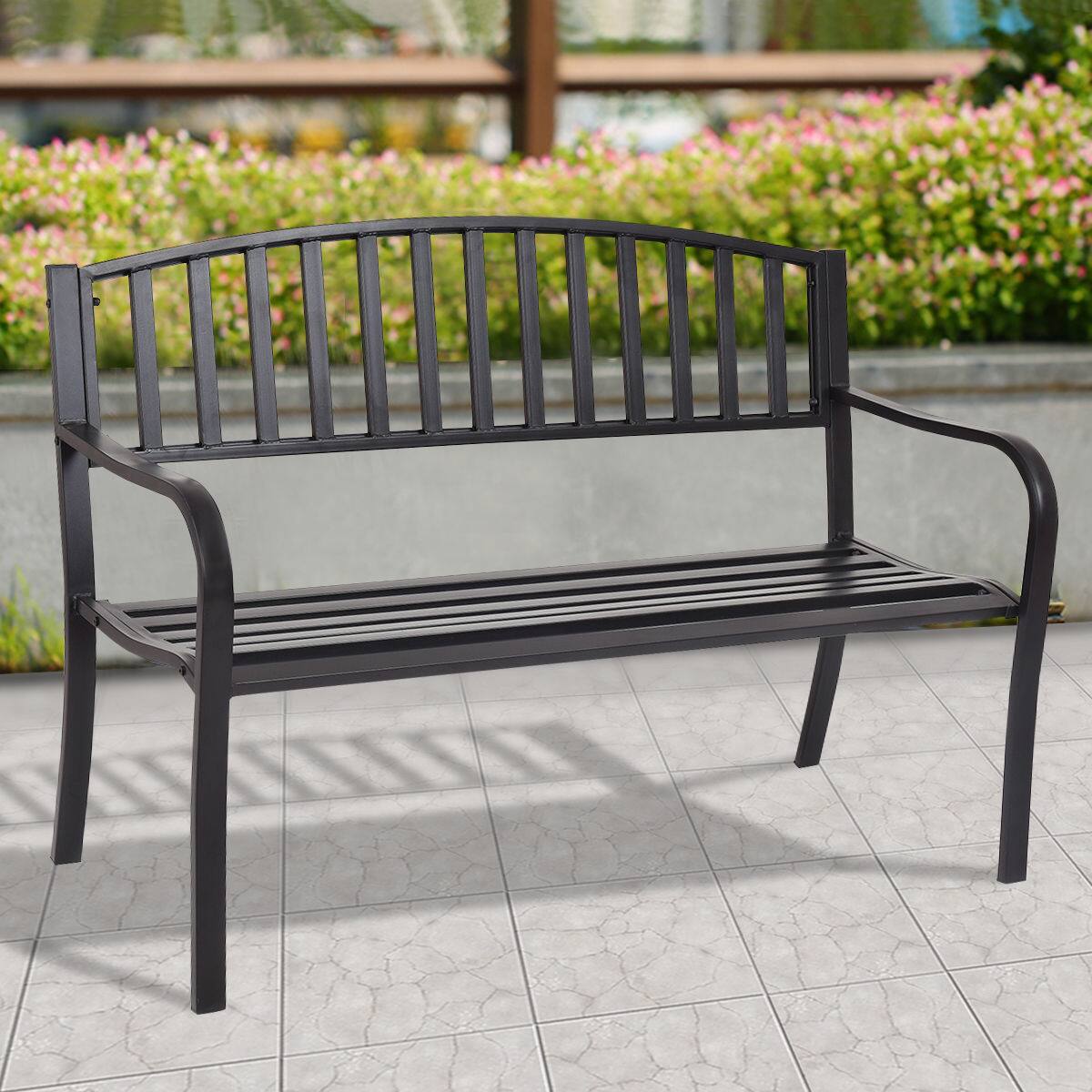 Alt View 1. Costway - Costway 50" Patio Garden Bench Park Yard Outdoor Furniture Steel Slats Porch Chair Seat - Black.