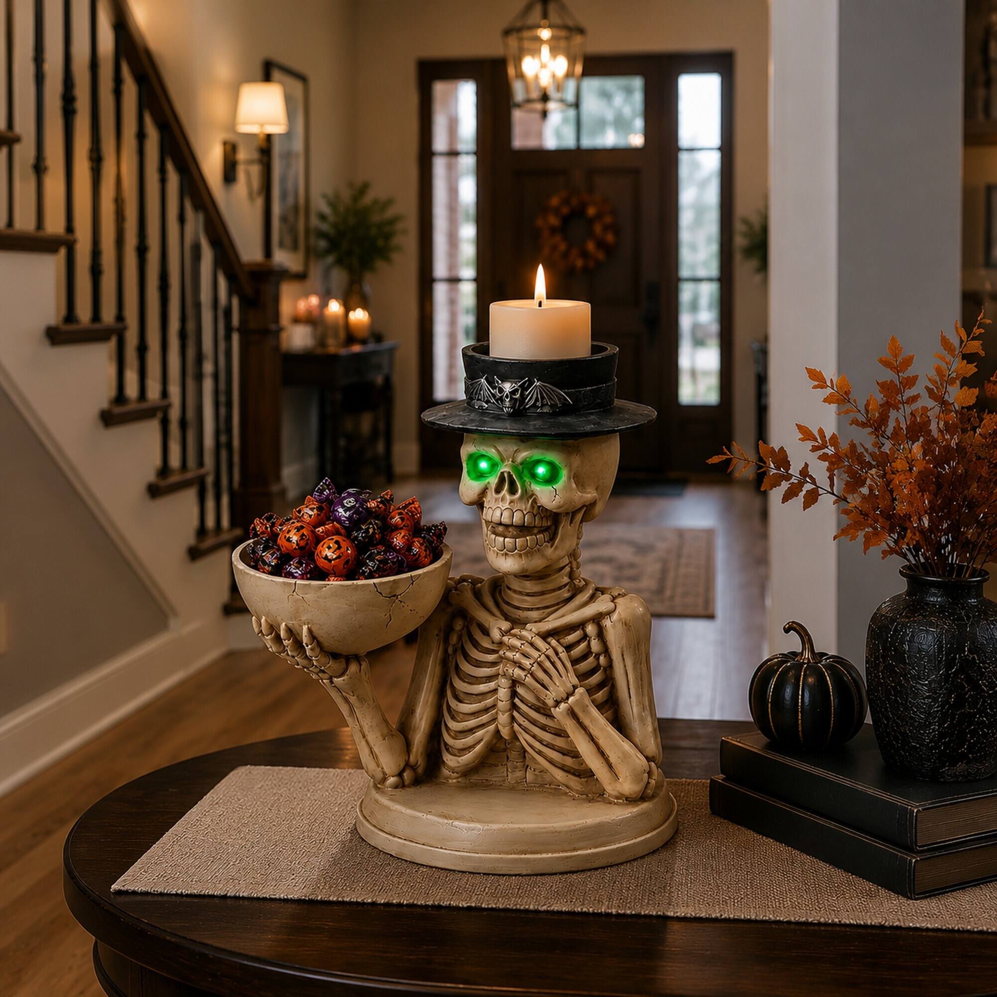 Alt View 1. RYHNUYNE - Spooky Halloween Skeleton Figurine with LED Glowing Eyes, Candy Bowl and Candle Holder for Indoor Home Decor - White.