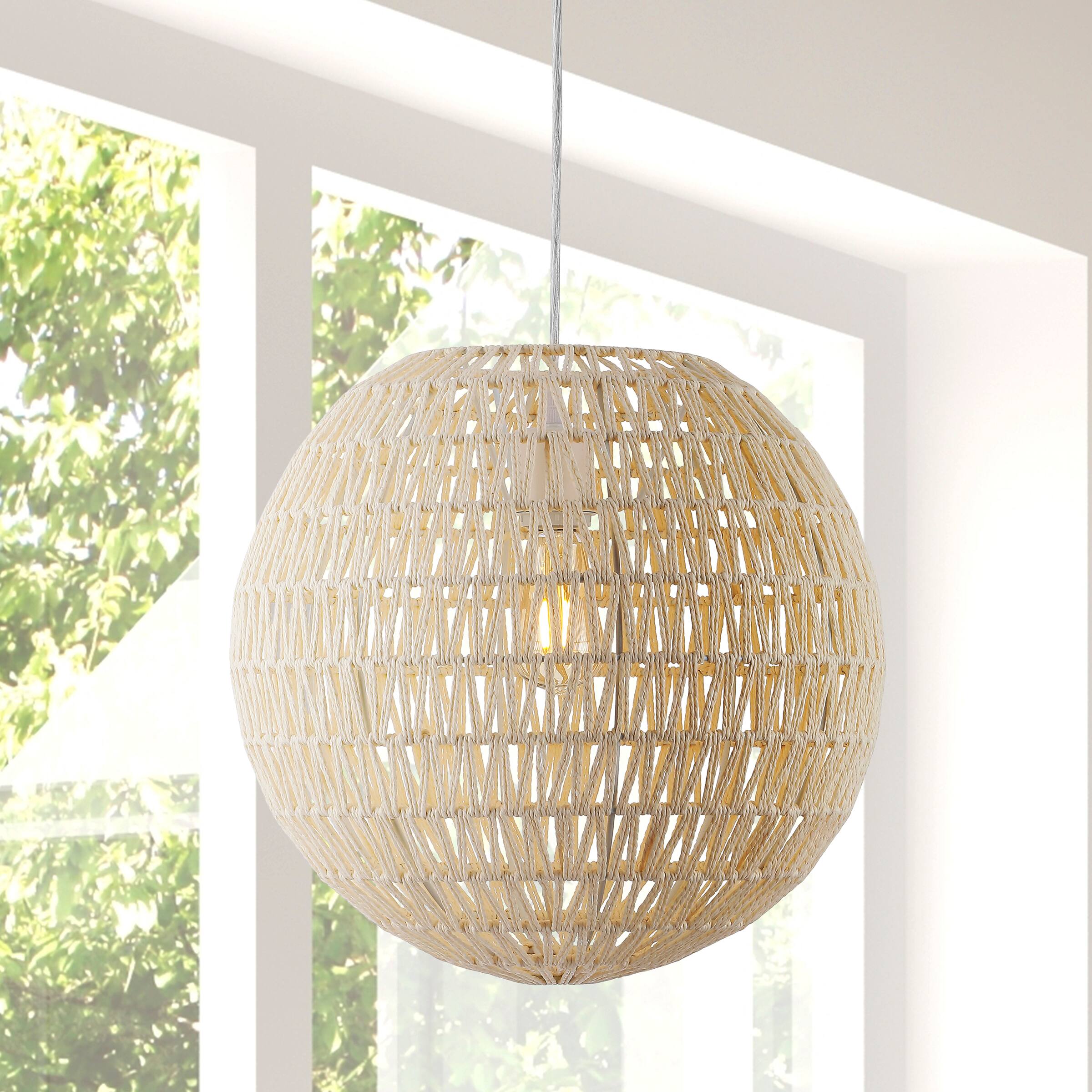 Alt View 1. Jonathan Y - Luna 15.75" 1-Light Bohemian Modern Woven Rattan/Iron LED Pendant, Cream/White - Cream.