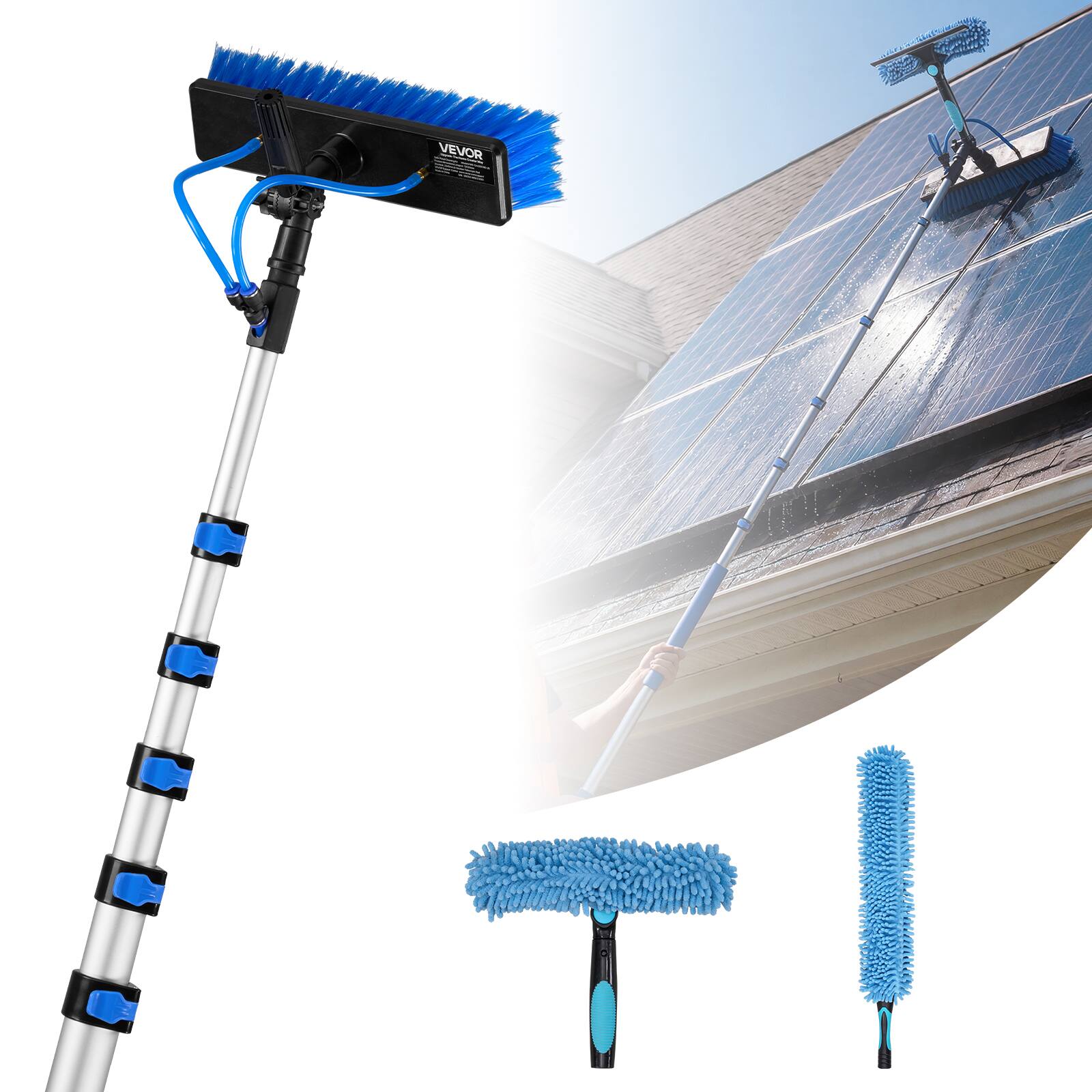 Front. VEVOR - Solar Panel Cleaning Kit, 39 ft, Water Fed Pole Kit with Cleaning Brush, Soap Dispenser, Extendable Aluminum Telescopic - Silver + Blue.