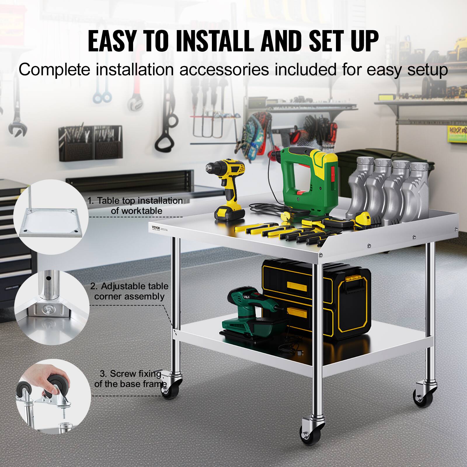 EASY TO INSTALL AND SET UP
Complete installation accessories included for easy setup
1. Table top installation of worktable
2. Adjustable table corner assembly
3. Screw fixing of the base frame