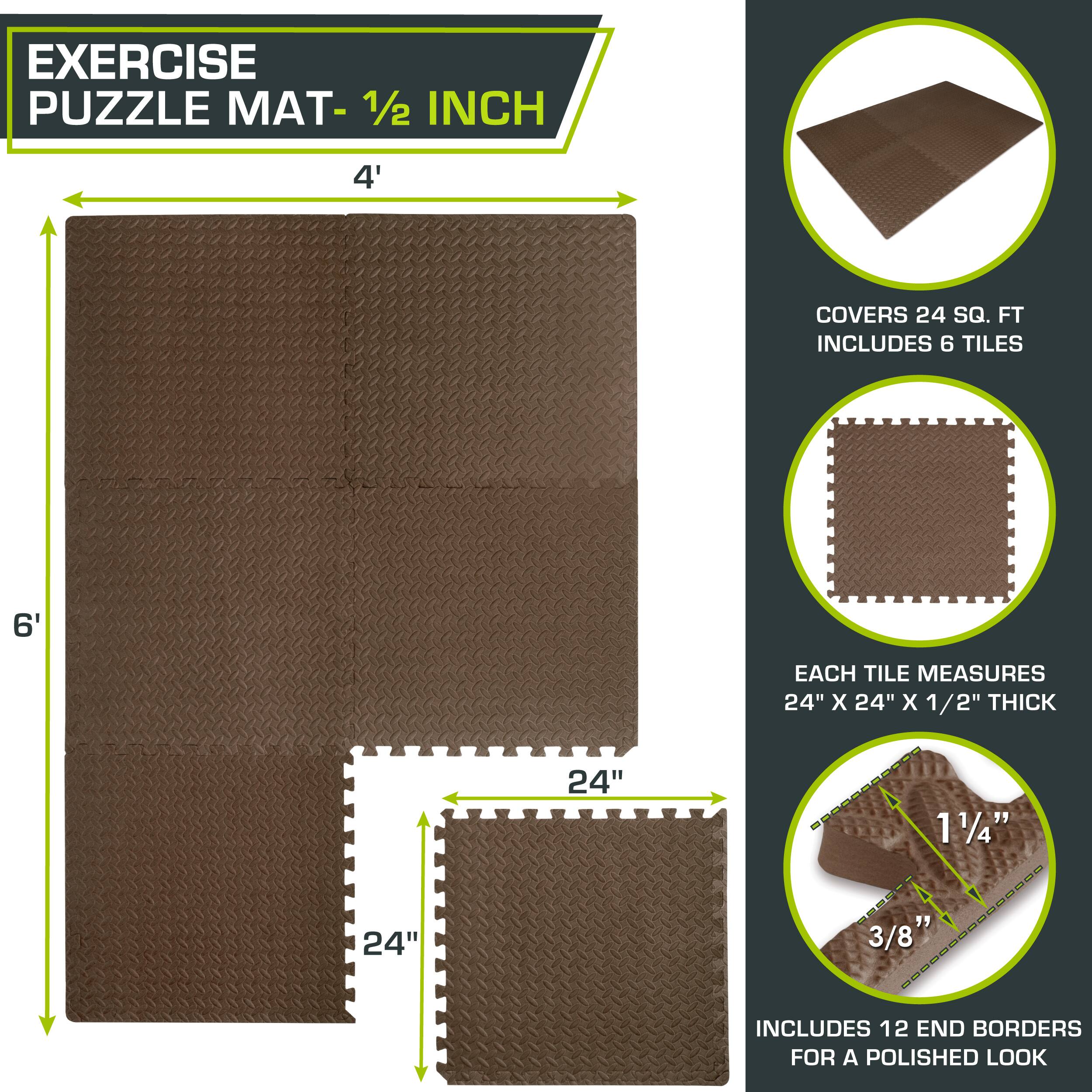 Exercise Puzzle Mat - 1/2 inch

- 4' x 6' covers 24 sq. ft.
- Includes 6 tiles, each measuring 24" x 24" x 1/2" thick.
- Includes 12 end borders for a polished look.