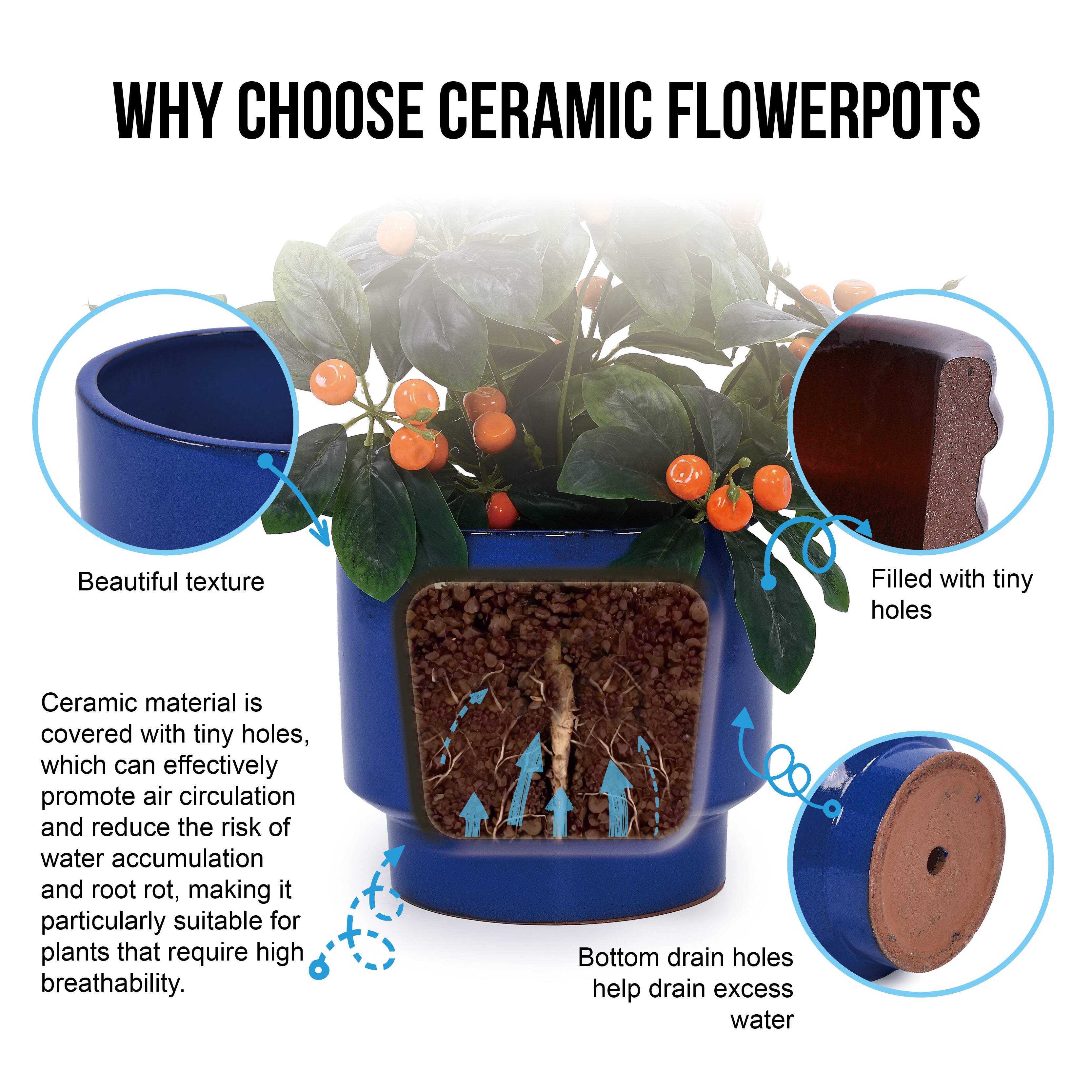 WHY CHOOSE CERAMIC FLOWER POTS

Beautiful texture

Ceramic material is covered with tiny holes, which can effectively promote air circulation and reduce the risk of water accumulation and root rot, making it particularly suitable for plants that require high breathability.

Filled with tiny holes

Bottom drain holes help drain excess water