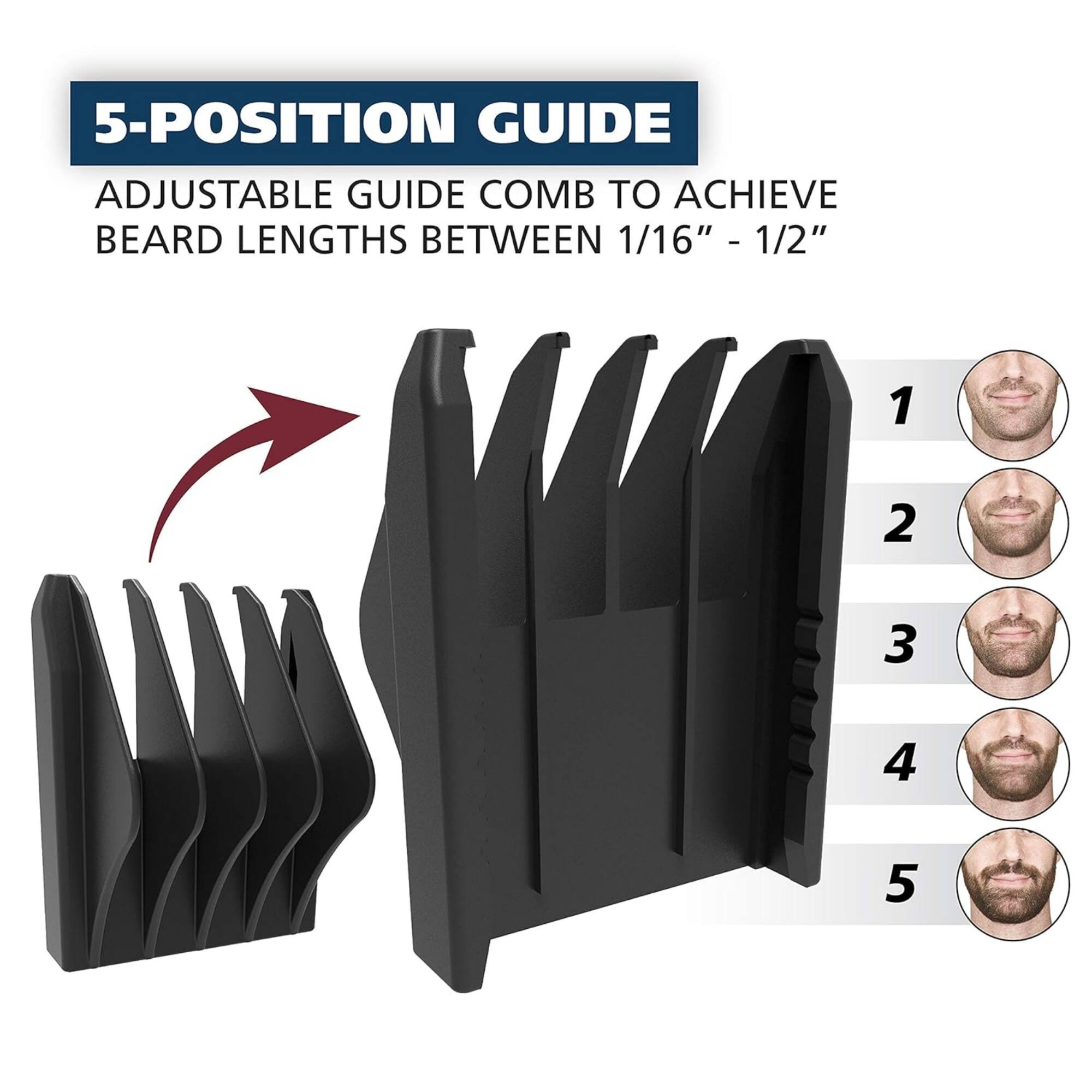 5-POSITION GUIDE  
ADJUSTABLE GUIDE COMB TO ACHIEVE BEARD LENGTHS BETWEEN 1/16" - 1/2"  

1  
2  
3  
4  
5