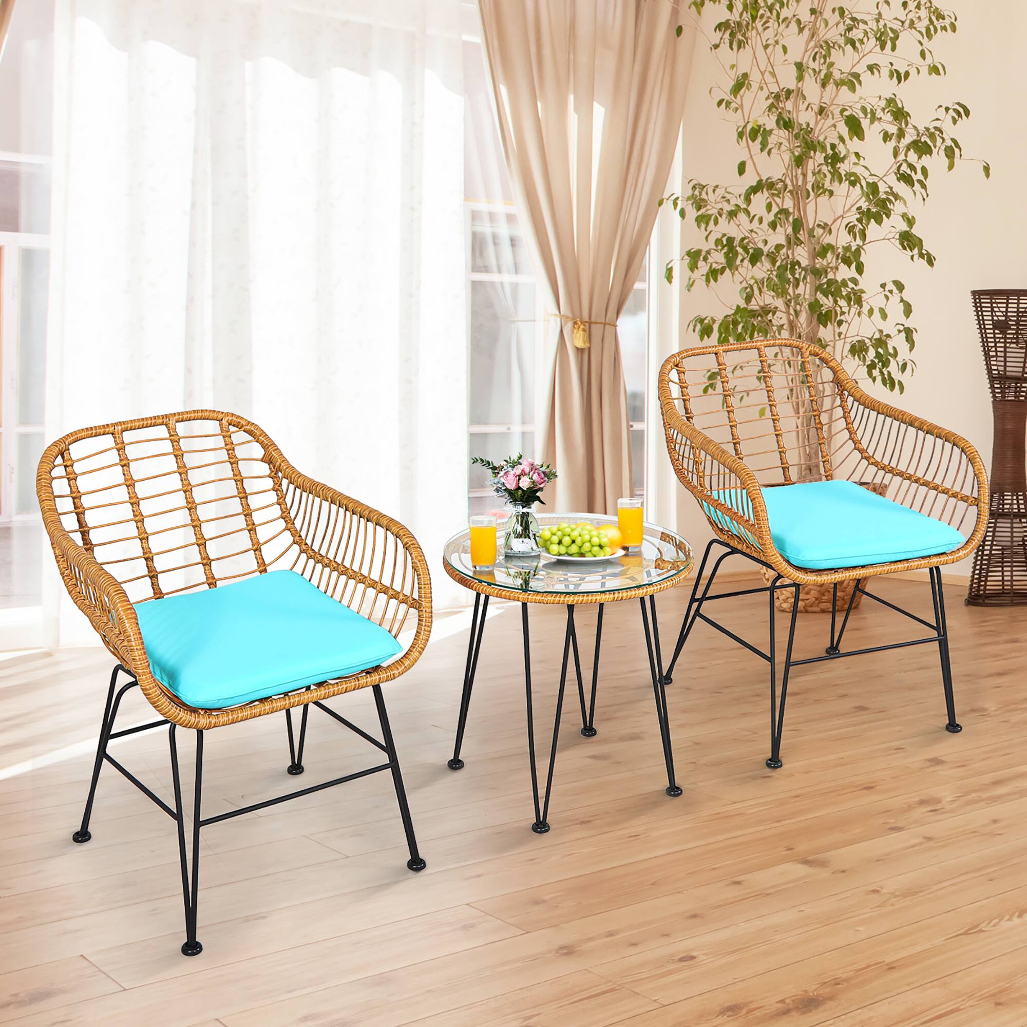 Alt View 4. Costway - Costway 3PCS Patio Rattan Bistro Furniture Set Cushioned Chair Table - Turquoise.