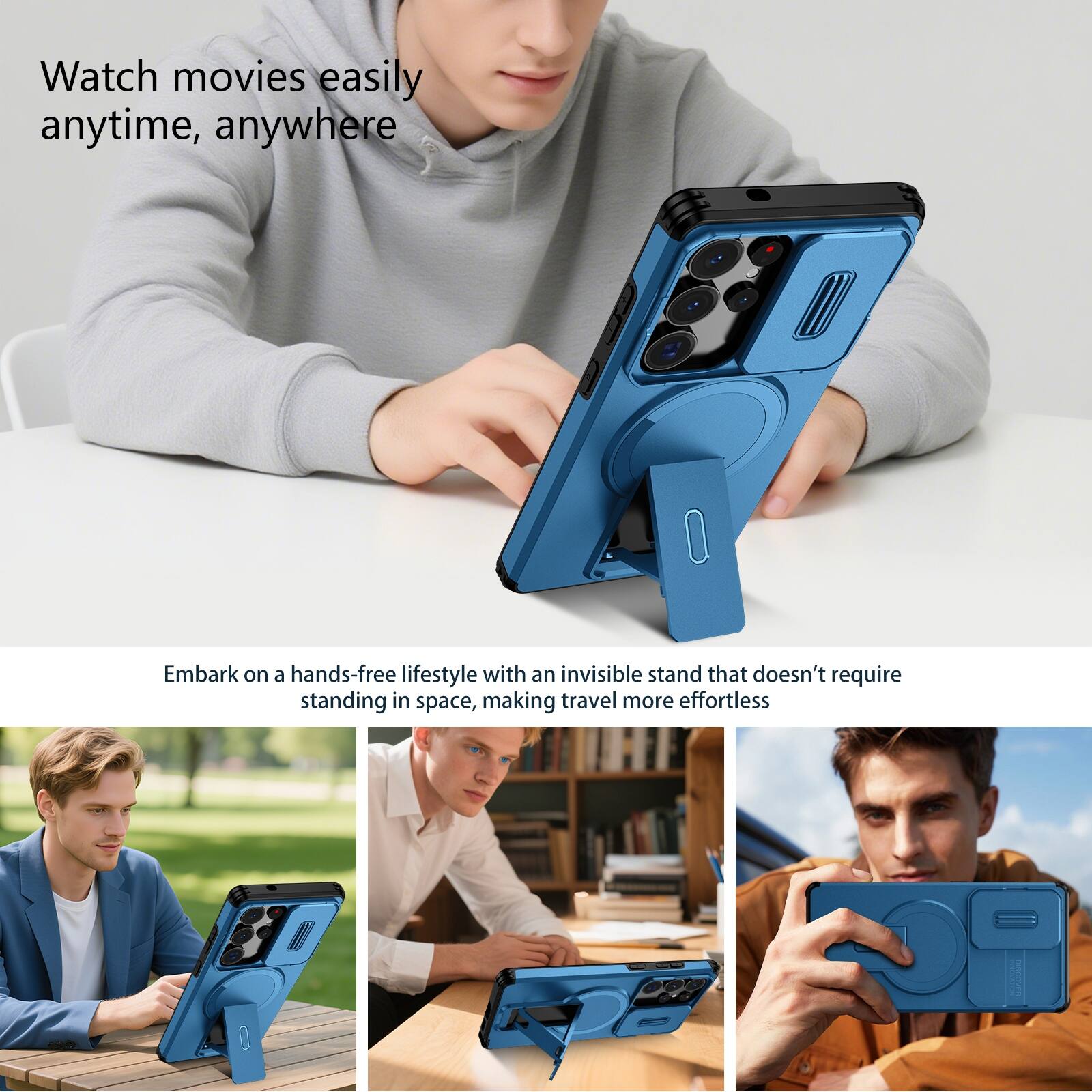 Watch movies easily anytime, anywhere

Embark on a hands-free lifestyle with an invisible stand that doesn't require standing in space, making travel more effortless