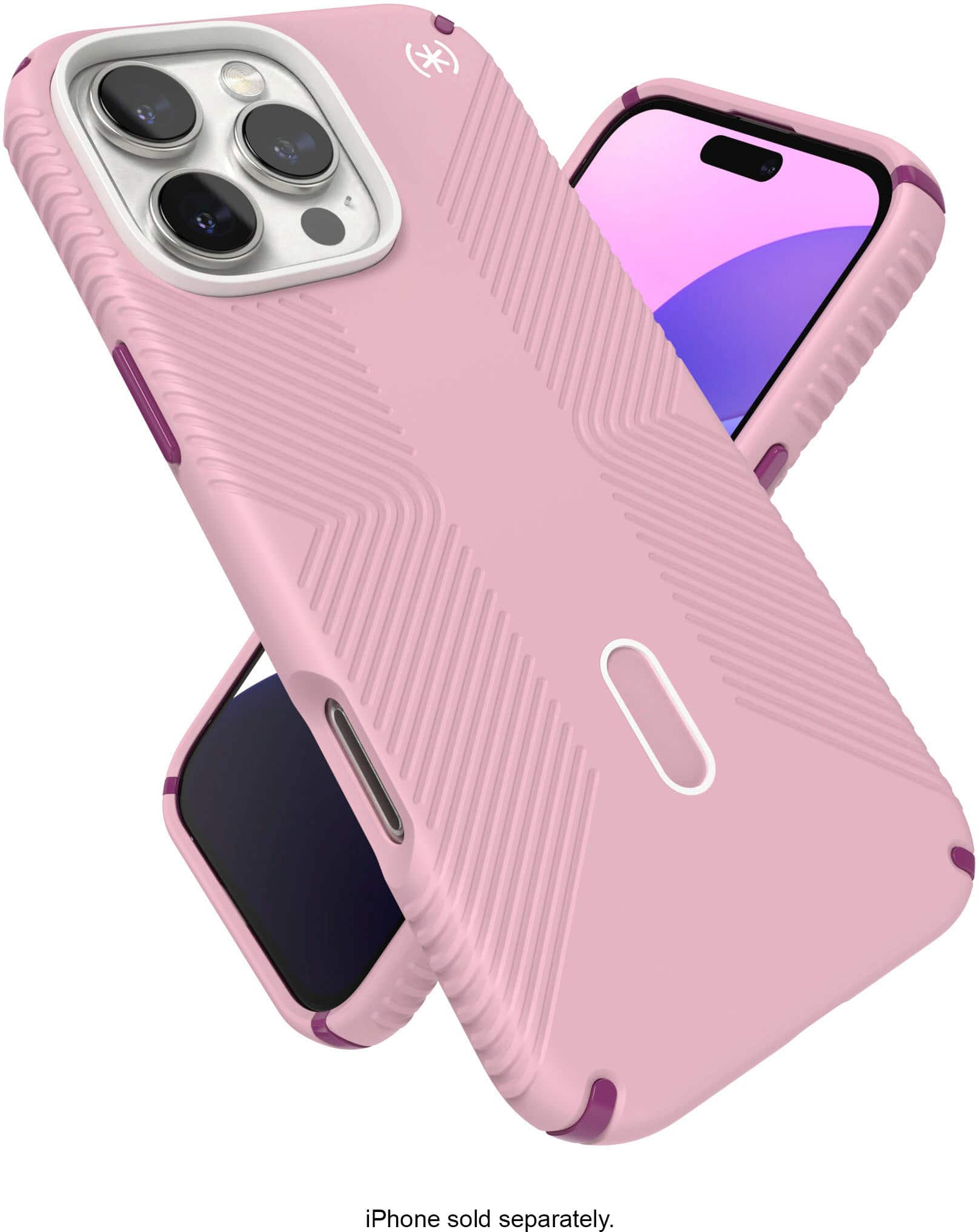 The image features a pink case for an iPhone, which is displayed in two different positions. The case is designed to protect the phone and is available in a pink color. The case is shown in a vertical position and a horizontal position, showcasing its design and functionality. The iPhone itself is not visible in the image, as it is sold separately.