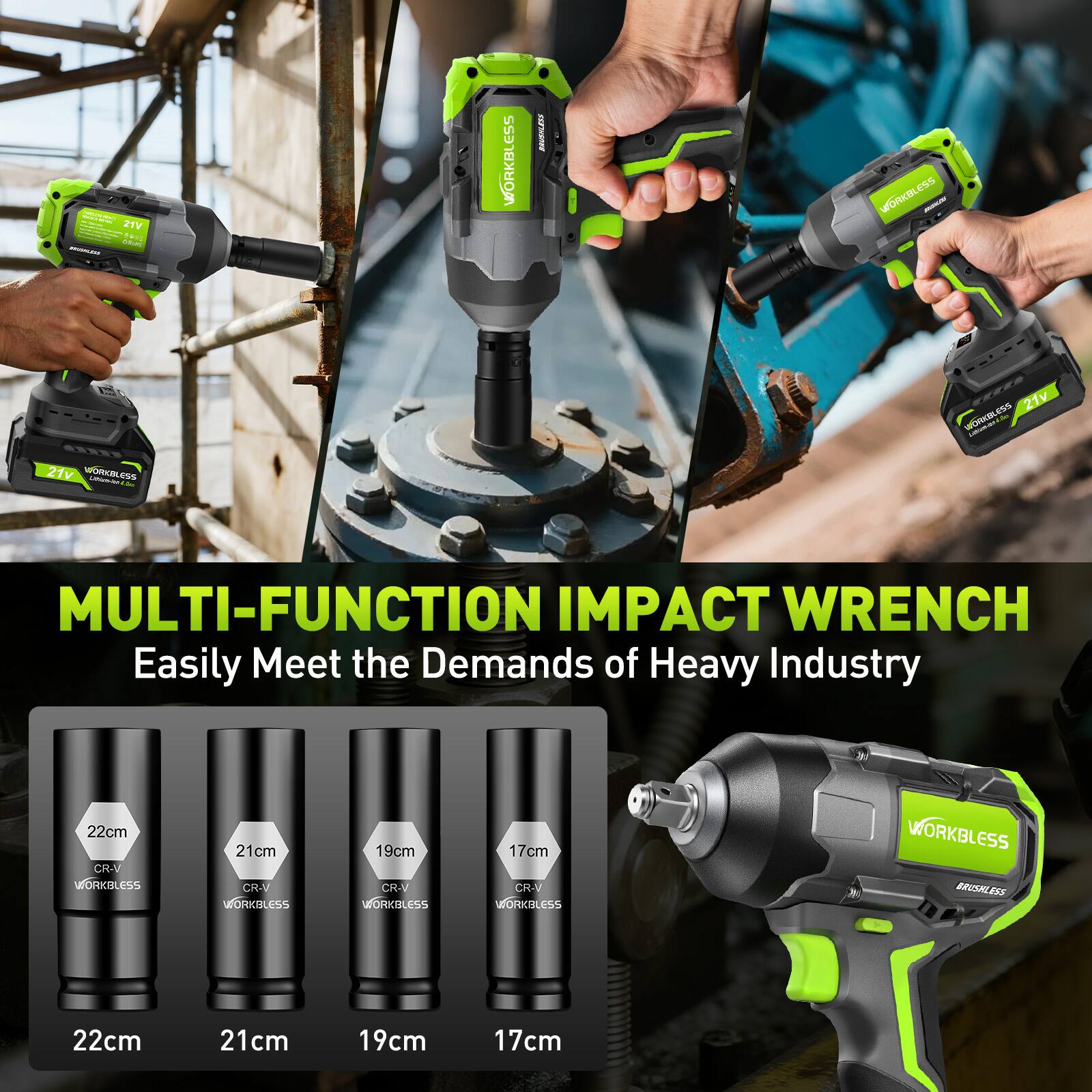 20 A 2TV : C - WORKBLESS NUALE 20% wD - E ESS 21v WORKBLESS LBURIRS 1 21v ORCBLESS - - MULTI-FUNCTION IMPACT WRENCH Easily Meet the Demands of Heavy Industry 22cm CR-V MIDRKBLESS 21cm CR-V MORKBLESS 19cm CR-V MORKBLESS 17cm CRV MDRKOLESS WORKBLESS BRUSALES 22cm 21cm 19cm 17cm