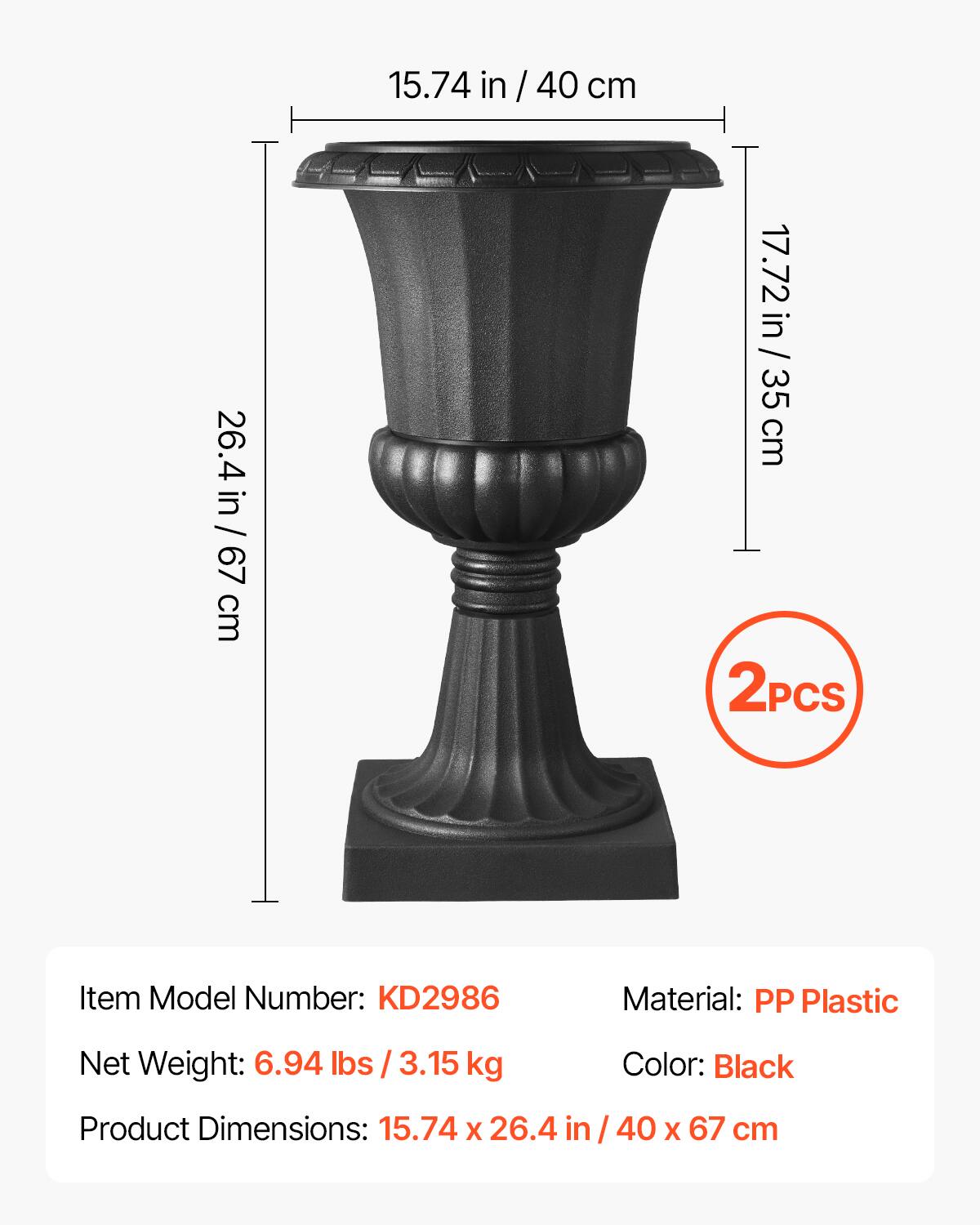 15.74 in / 40 cm  
26.4 in / 67 cm  
17.72 in / 35 cm  

2PCS  

Item Model Number: KD2986  
Material: PP Plastic  
Net Weight: 6.94 lbs / 3.15 kg  
Color: Black  
Product Dimensions: 15.74 x 26.4 in / 40 x 67 cm