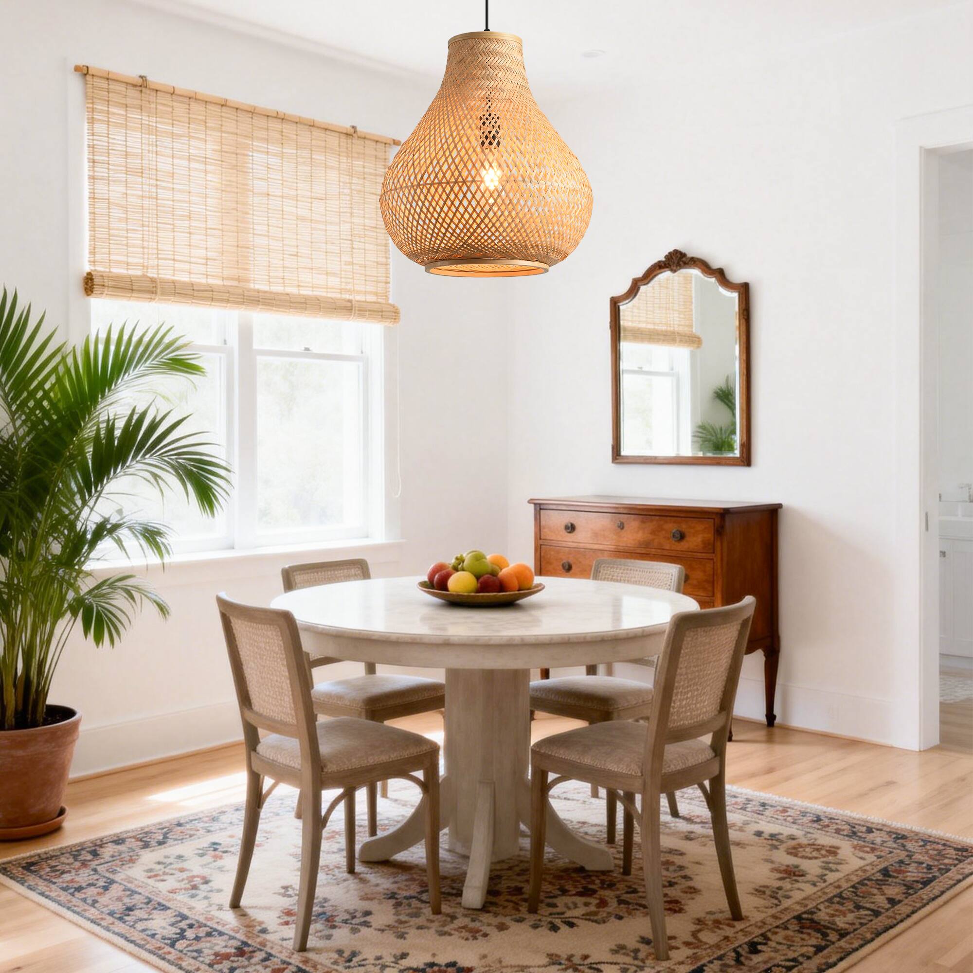 Left. Parrot Uncle - 1-Light Farmhouse Brown Fish Basket Shape Bamboo Hand-Woven Pendant Lamp.