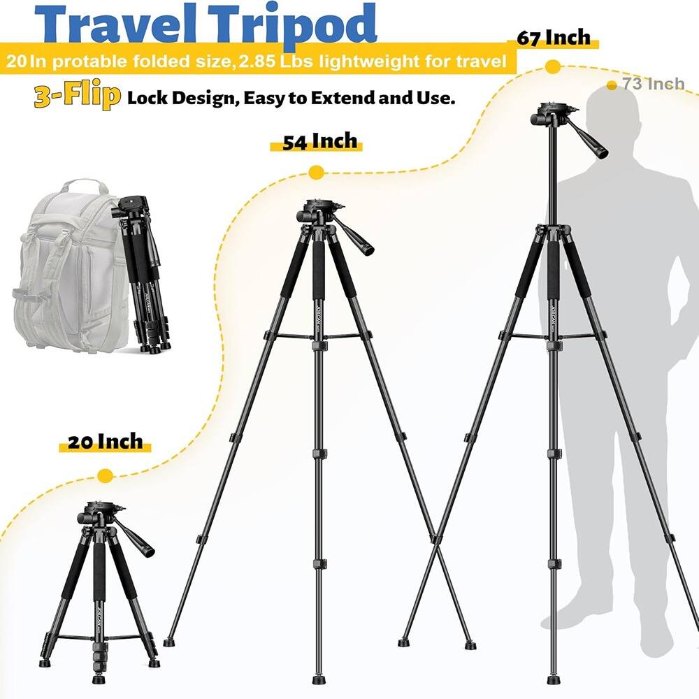 Travel Tripod

20 Inch portable folded size, 2.85 Lbs lightweight for travel

3-Flip Lock Design, Easy to Extend and Use.

54 Inch

67 Inch

73 Inch

20 Inch