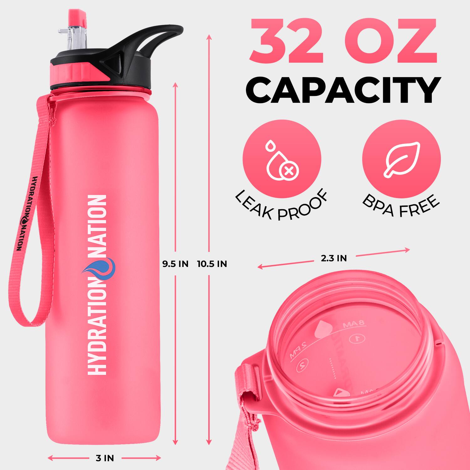 32 OZ CAPACITY HYDRATION NATION

LEAK PROOF
BPA FREE

2.3 IN
3 IN
9.5 IN
10.5 IN