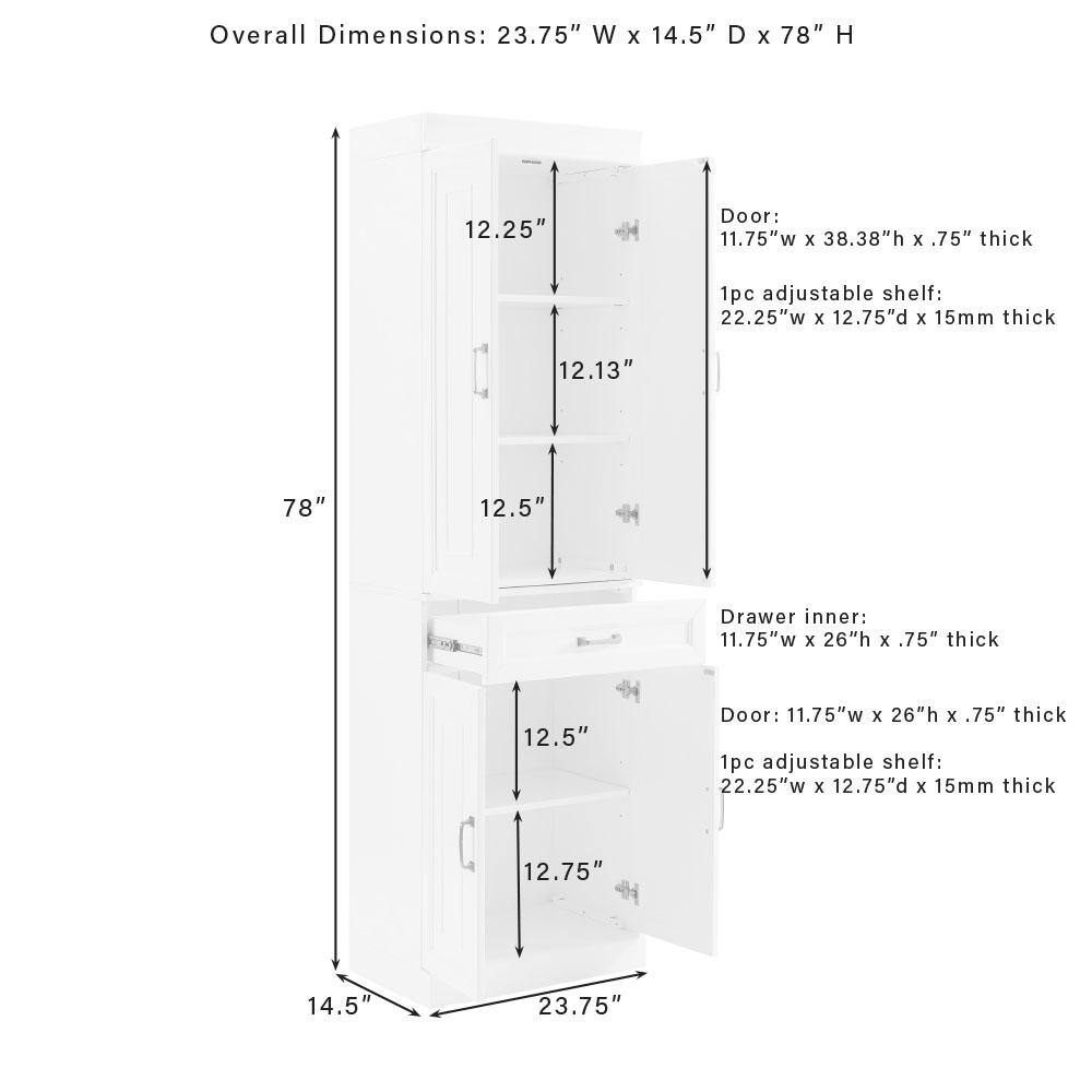 Overall Dimensions: 23.75" W x 14.5" D x 78" H  
Door: 11.75"w x 38.38"h x .75" thick  
1pc adjustable shelf: 22.25"w x 12.75"d x 15mm thick  
Drawer inner: 11.75"w x 26"h x .75" thick  
Door: 11.75"w x 26"h x .75" thick  
1pc adjustable shelf: 22.25"w x 12.75"d x 15mm thick
