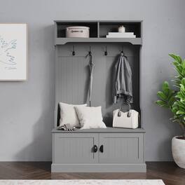 Emma + Oliver - Lindy Hallway Tree with Storage Bench, Coat Hooks, and Upper Storage Compartments - Gray