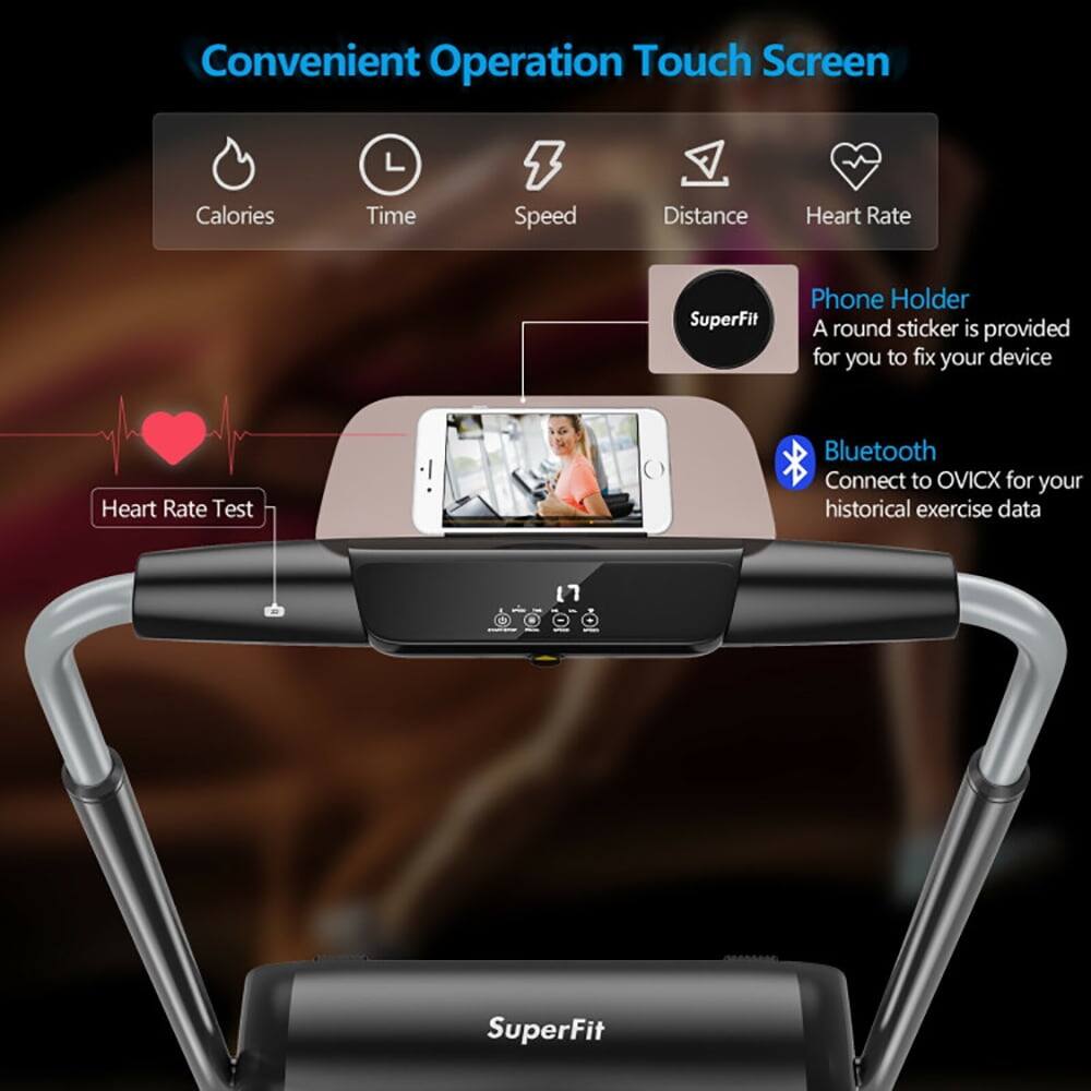 Convenient Operation Touch Screen  
Calories Time Speed Distance Heart Rate  
SuperFit  
Phone Holder  
A round sticker is provided for you to fix your device  
Heart Rate Test  
Bluetooth  
Connect to OVICX for your historical exercise data  
SuperFit