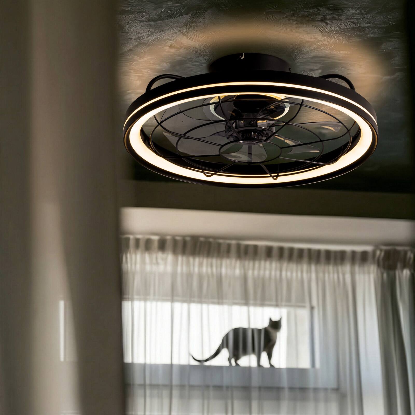 Left. Siljoy - 20-in Modern Black Caged Ceiling Fan with LED Light Remote App Control 6 Speed Reversible DC Motor - Black.