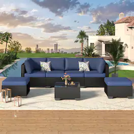 Mondawe - 7-Piece Rattan Sofa Set with Cushions and Versatile Ottomans - Dark Blue+Black