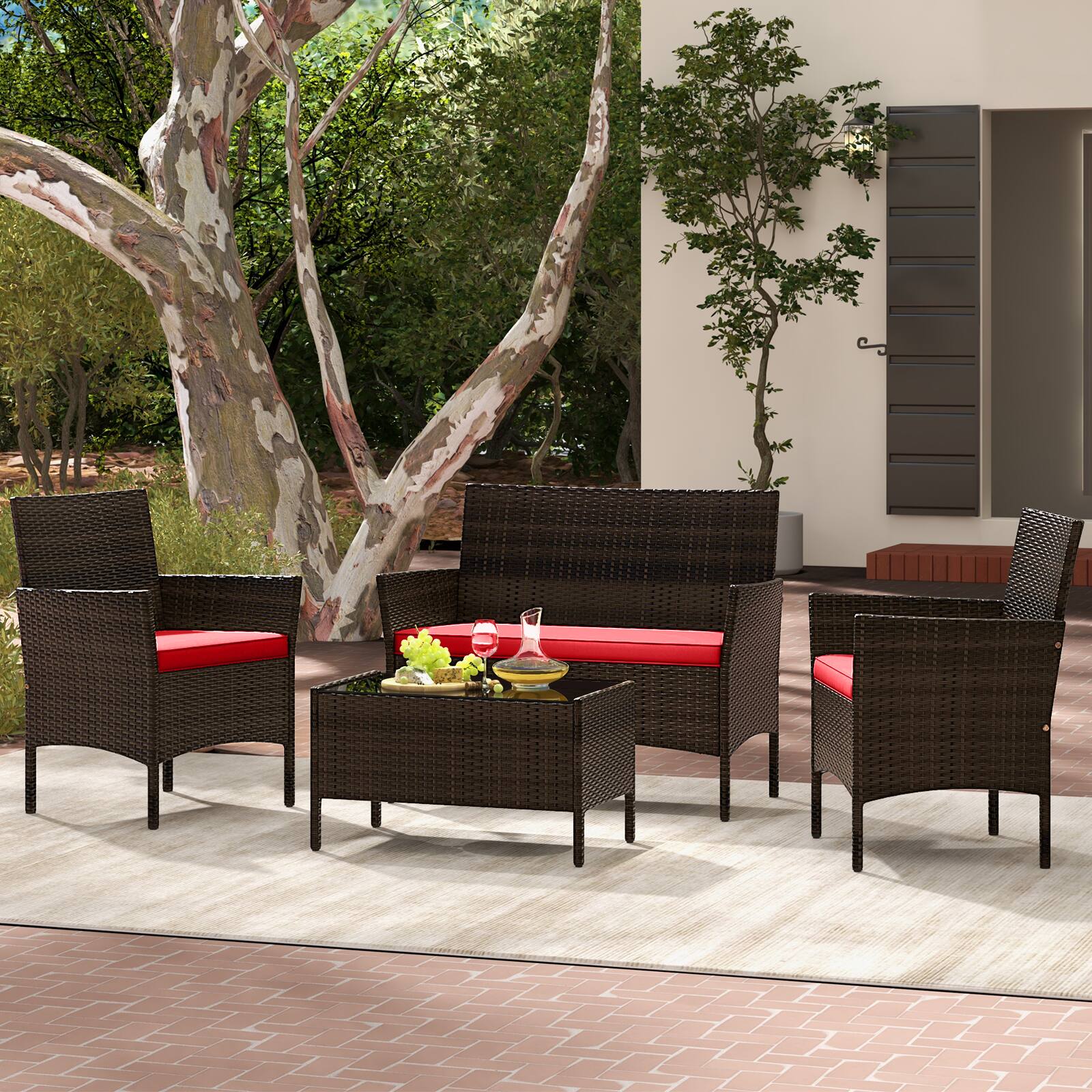 Alt View 1. Gymax - Gymax 4PCS Outdoor Furniture Set Patio Rattan Conversation Set w/ Red Cushion - Red.
