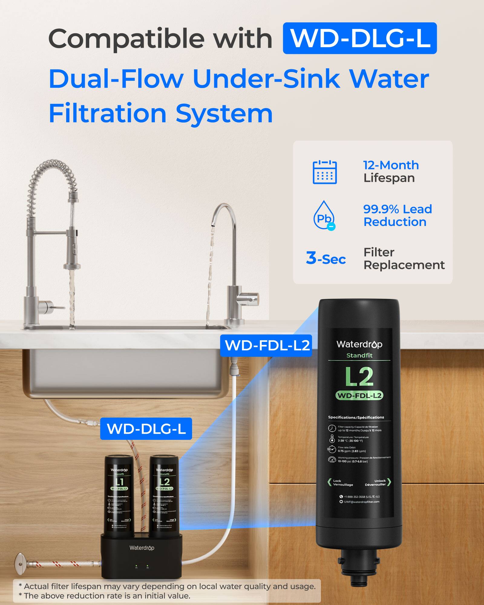 Compatible with WD-DLG-L Dual-Flow Under-Sink Water Filtration System

12-Month Lifespan
99.9% Lead Reduction
3-Sec Replacement

WD-FDL-L2 Waterdrop Standfit L2

Specifications/Specifications

*Actual filter lifespan may vary depending on local water quality and usage.
*The above reduction rate is an initial value.