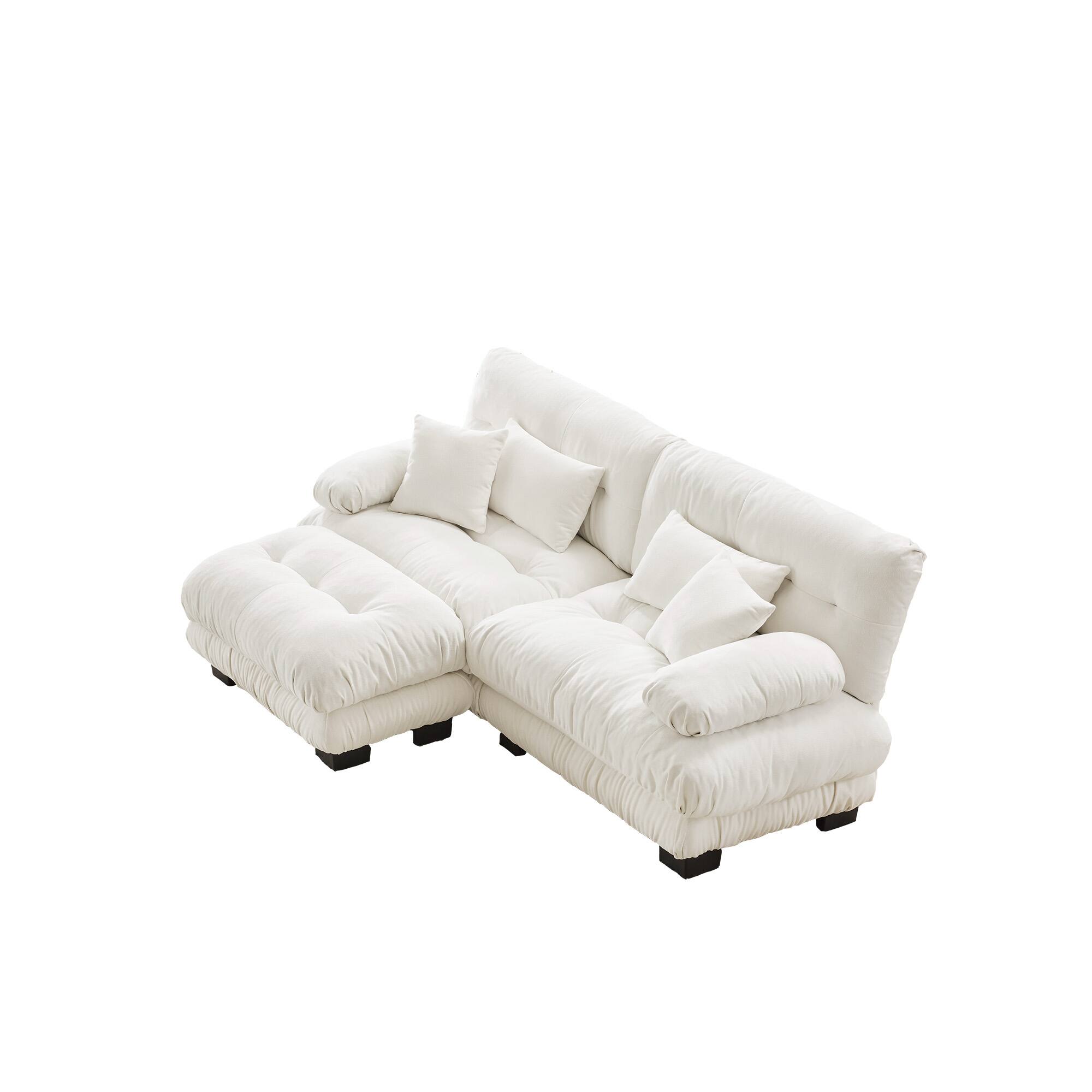 Alt View 10. DOMETOUR - Cloud Couch 2 Seater Sofa with 2 Lumbar pillows and 2 throw pillows Upholstered Wide Arm Sofa with Convertible Ottoman - Chenille White.