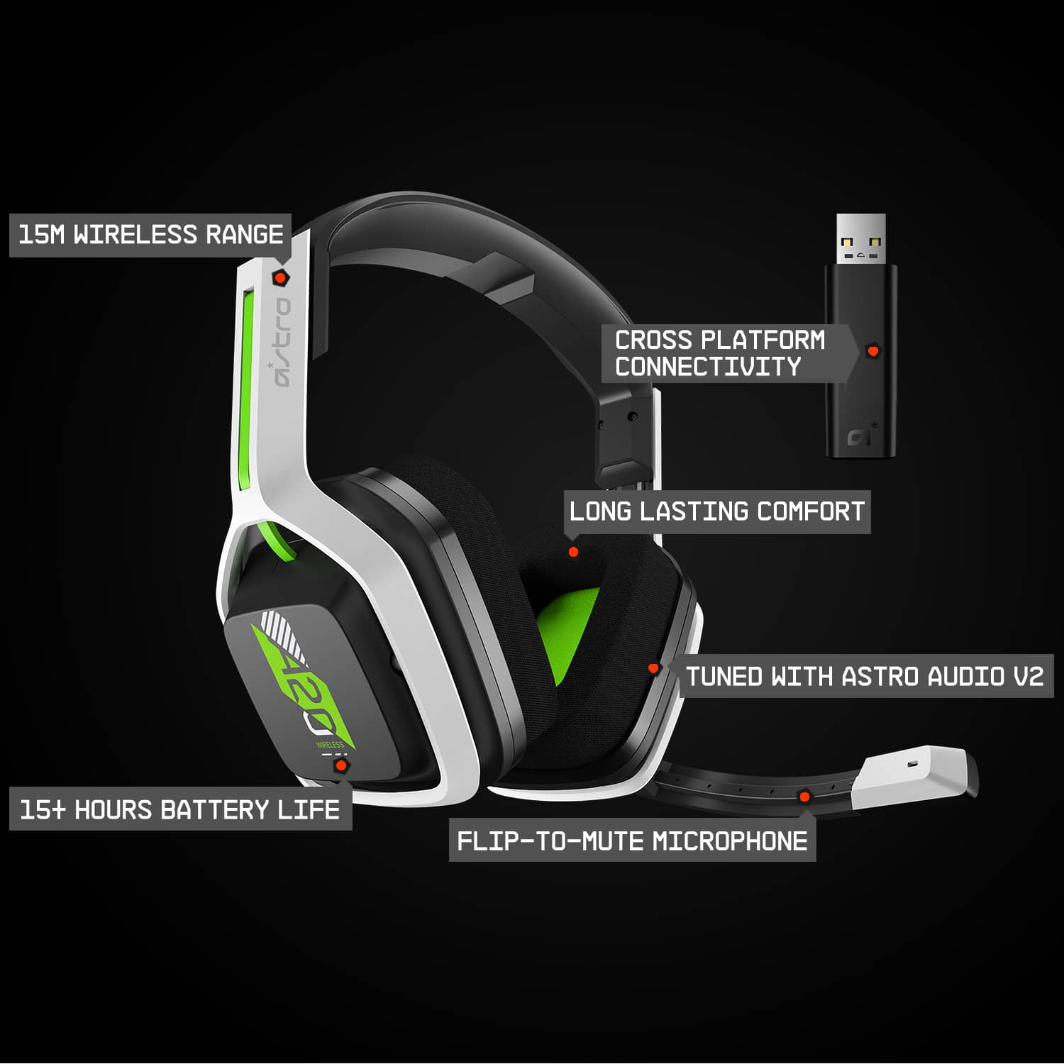 The text on the image describes the features of a gaming headset. The headset has a 15-hour battery life, is cross-platform compatible, and offers long-lasting comfort. It also has a flip-to-mute microphone, which is a convenient feature for gamers. The headset is tuned with Astro Audio V2, which provides an enhanced audio experience.