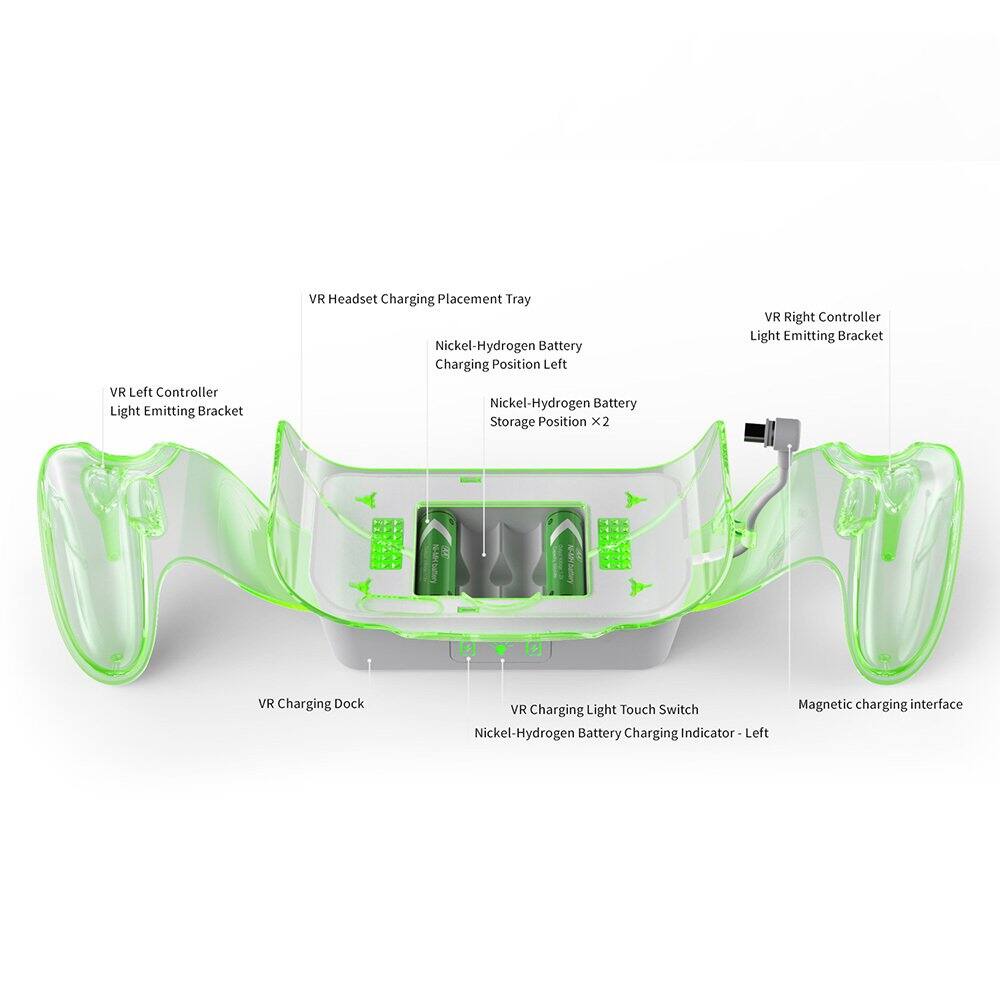 VR Headset Charging Placement Tray  
Nickel-Hydrogen Battery Charging Position Left  
VR Right Controller Light Emitting Bracket  
VR Left Controller Light Emitting Bracket  
Nickel-Hydrogen Battery Storage Position x2  
Smisan VR Charging Dock  
VR Charging Light Touch Switch  
Nickel-Hydrogen Battery Charging Indicator - Left  
Magnetic charging interface