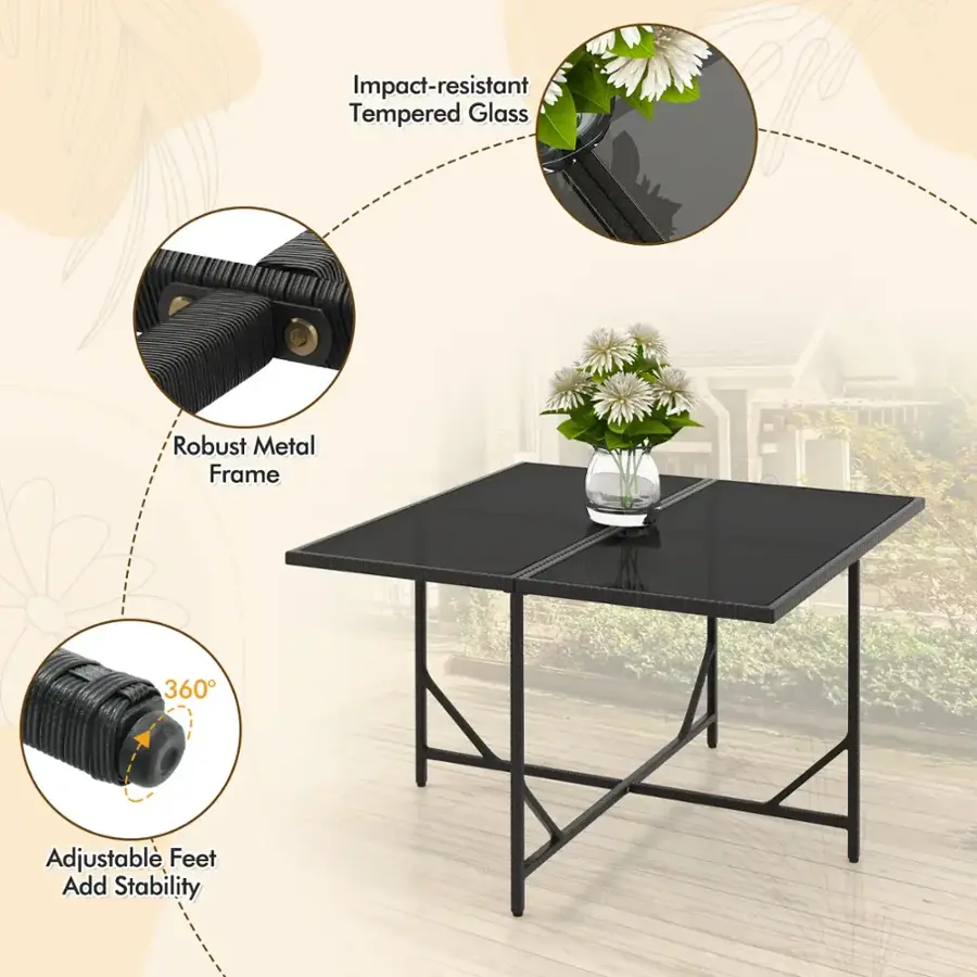 Impact-resistant tempered glass, robust metal frame, 360 adjustable feet, add stability.