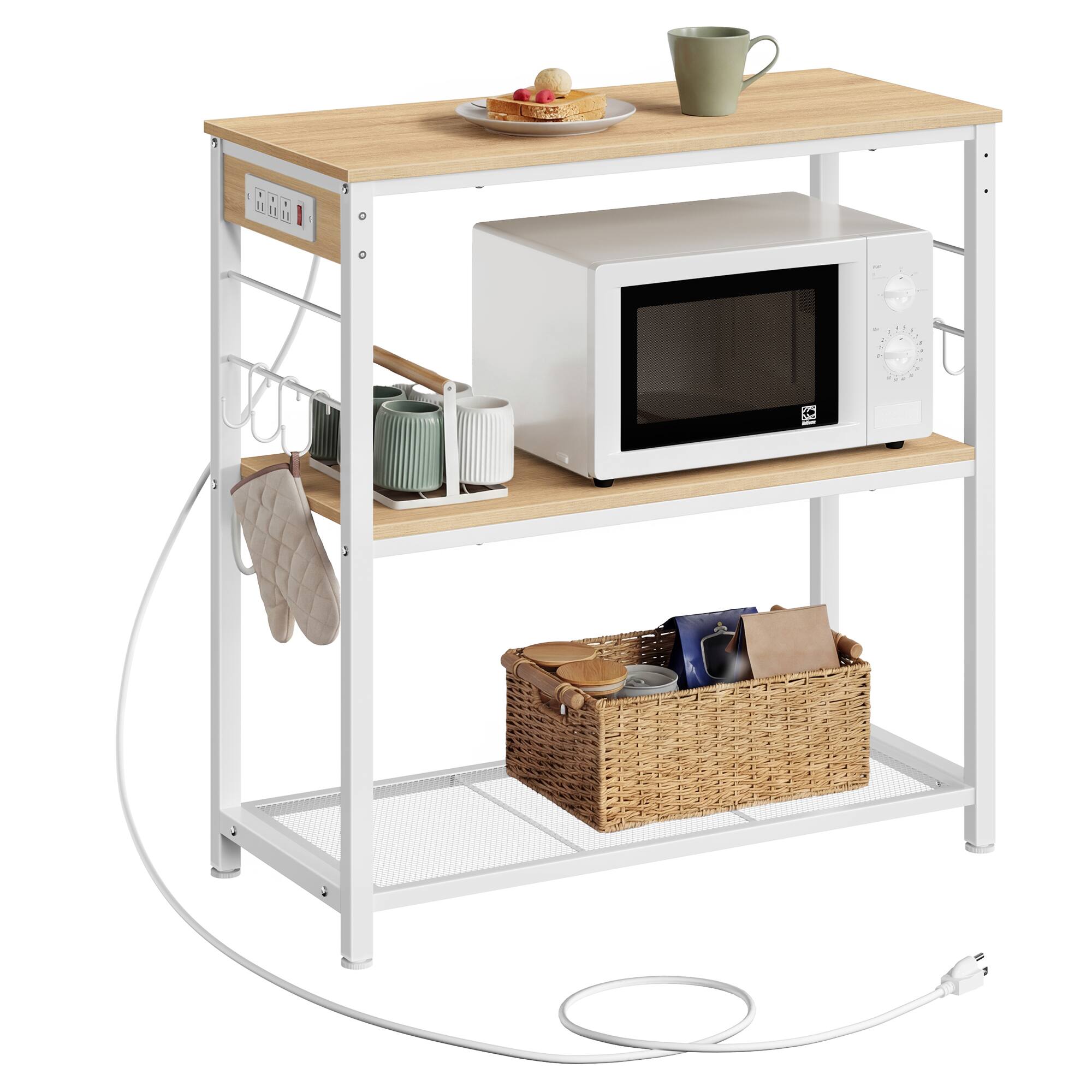 Front. Songmics Home - Kitchen Island with Power Strip, Microwave Oven Stand, Kitchen Shelf, Baker's Rack with 3 Open Shelves, 6 Hooks.