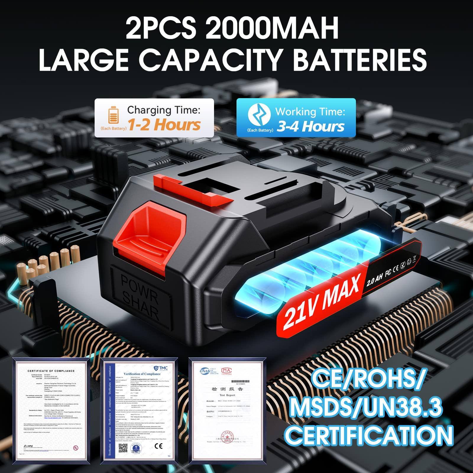 2PCS 2000MAH LARGE CAPACITY BATTERIES

Charging Time: 1-2 Hours (Each Battery)

Working Time: 3-4 Hours (Each Battery)

21V MAX

CE/ROHS/MSDS/UN38.3 CERTIFICATION

POWER SHAR

20AH MAX

CERTIFICATE OF COMPLIANCE

Verification Compliance

Test Report