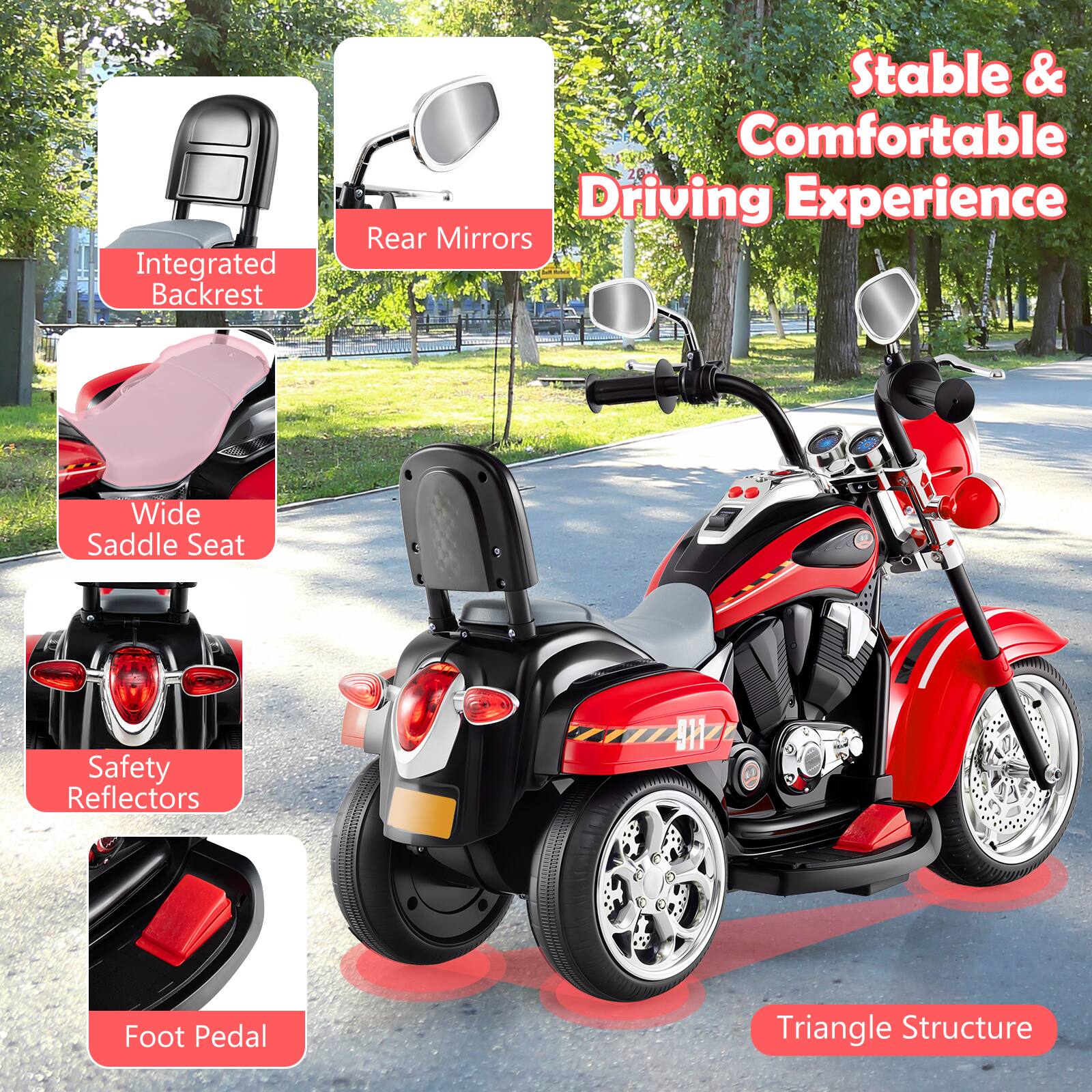 Integrated Backrest  
Rear Mirrors  
Wide Saddle Seat  
Safety Reflectors  
Foot Pedal  
Triangle Structure  

Stable & Comfortable Driving Experience