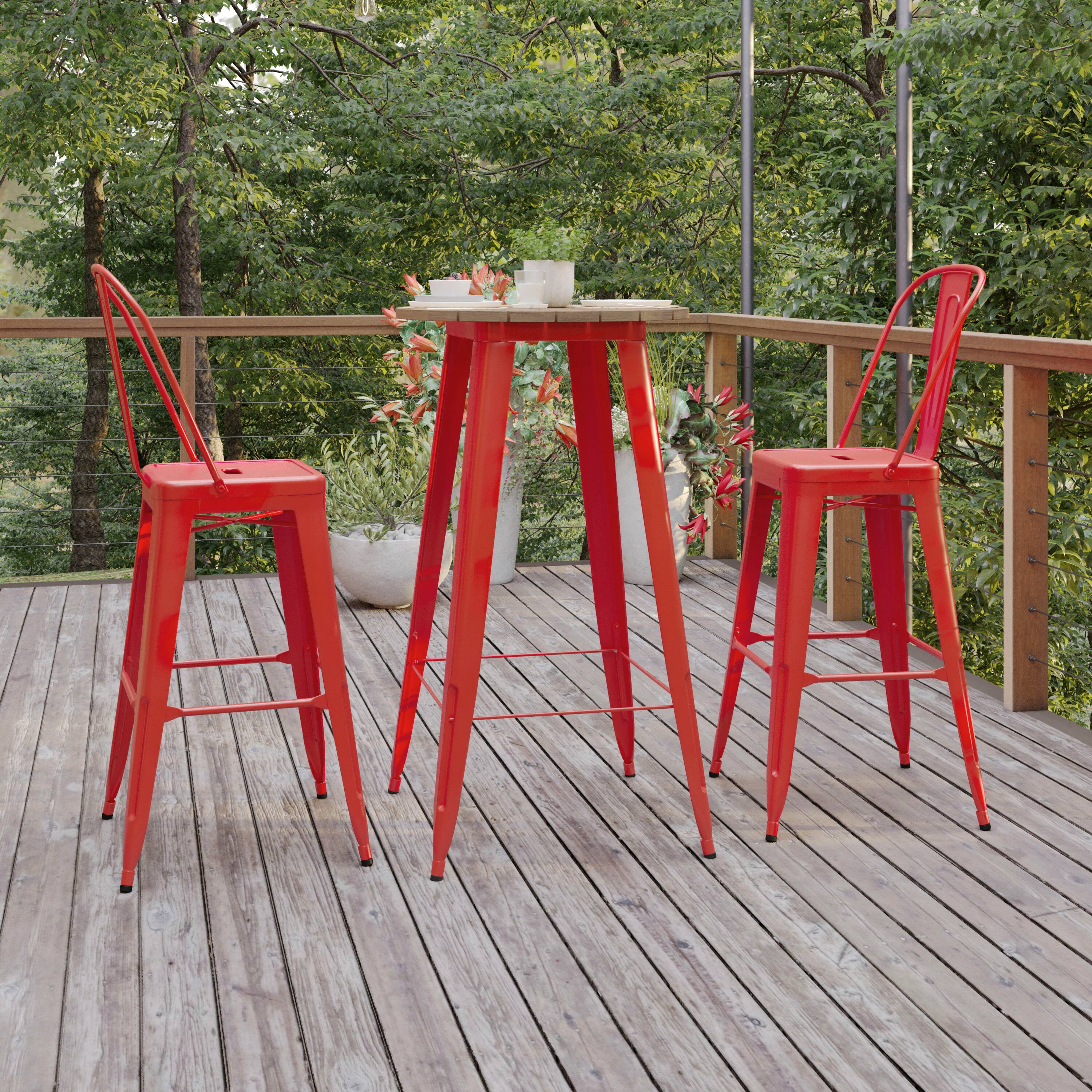 Alt View 2. Flash Furniture - Declan Commercial Indoor/Outdoor Bar Top Table, 23.75" Round All Weather Brown Poly Resin Top with Red Steel base - Red.