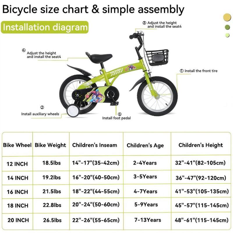 Bicycle size chart & simple assembly

Installation diagram

1. Install the front tire
2. Install auxiliary wheels
3. Adjust the height and install the seat
4. Adjust the height and install the seat
5. Install foot pedal

Bike Wheel | Bike Weight | Children's Inseam | Children's Age | Children's Height
--- | --- | --- | --- | ---
12 INCH | 18.5lbs | 14"-17" (35-42cm) | 2-4 Years | 32"-41" (82-105cm)
14 INCH | 19.2lbs | 16"-20" (40-50cm) | 3-5 Years | 36"-47" (92-120cm)
16 INCH | 21.5lbs | 18"-22" (44-55cm) | 4-7 Years | 41"-53" (105-135cm)
18 INCH | 22.8lbs | 20"-24" (50-60